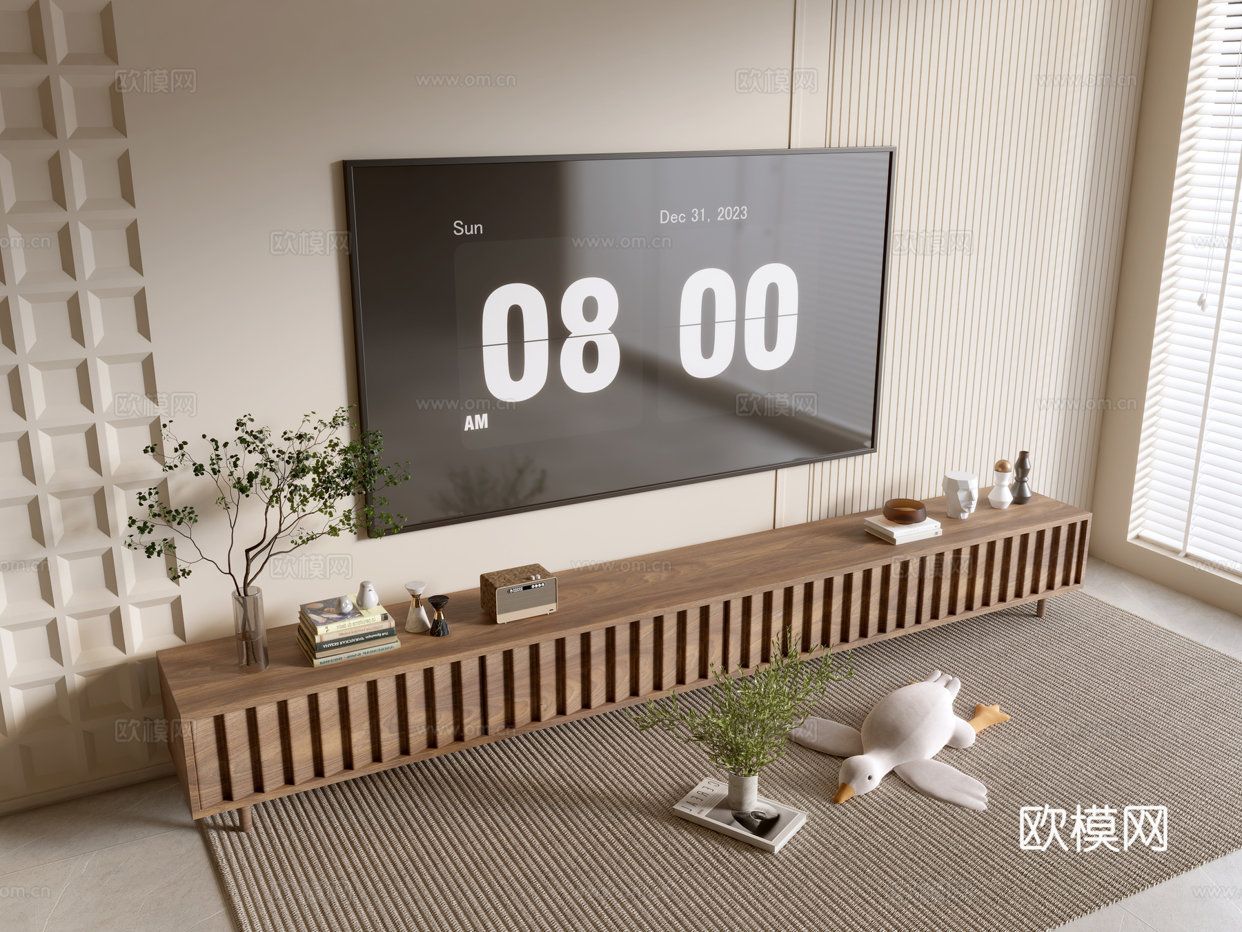 原木风木纹电视柜su模型下载（渲染图2）