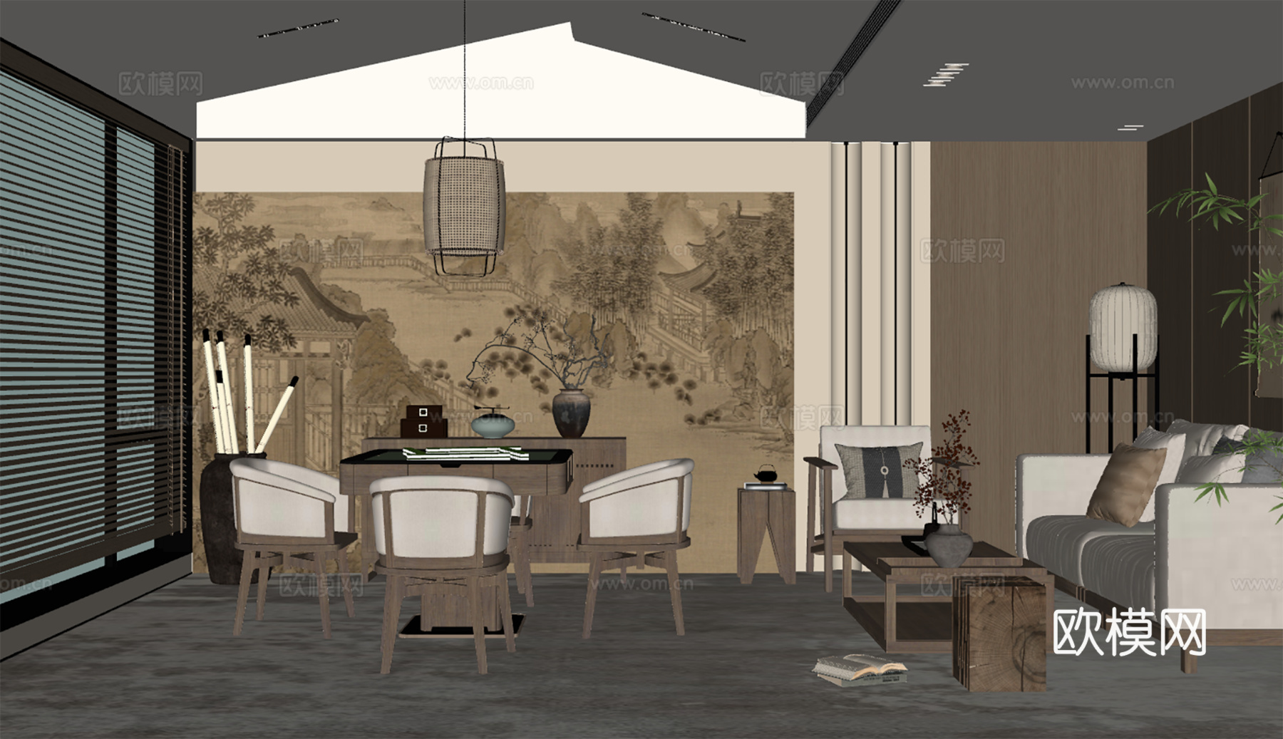 新中式禅意棋牌室su模型下载（渲染图1）