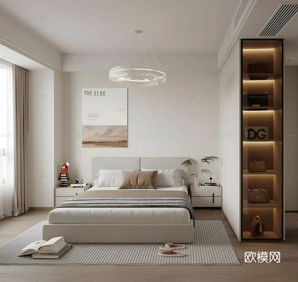 奶油风卧室su模型下载(渲染图2)
