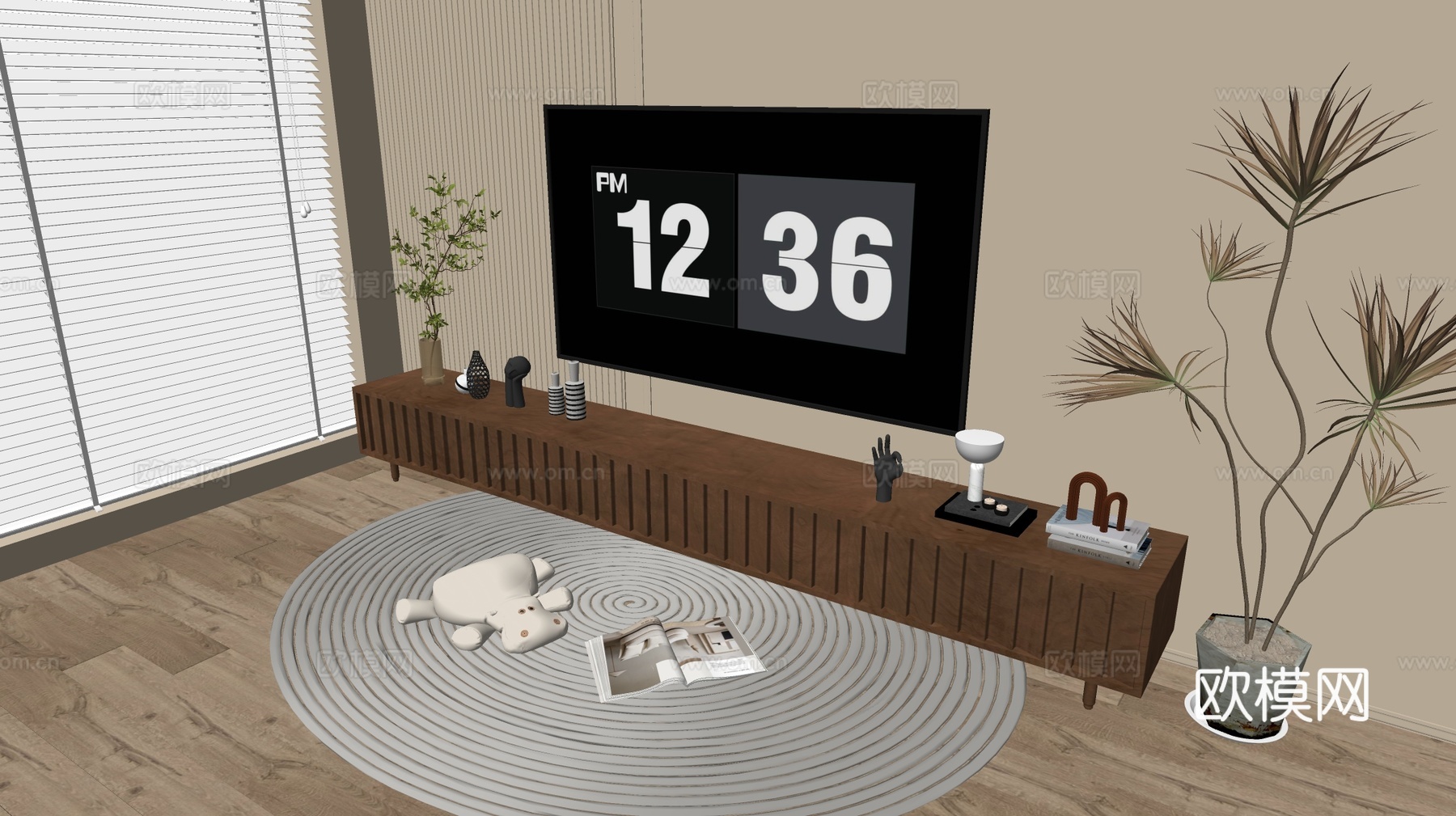 原木风木纹电视柜su模型下载（渲染图1）