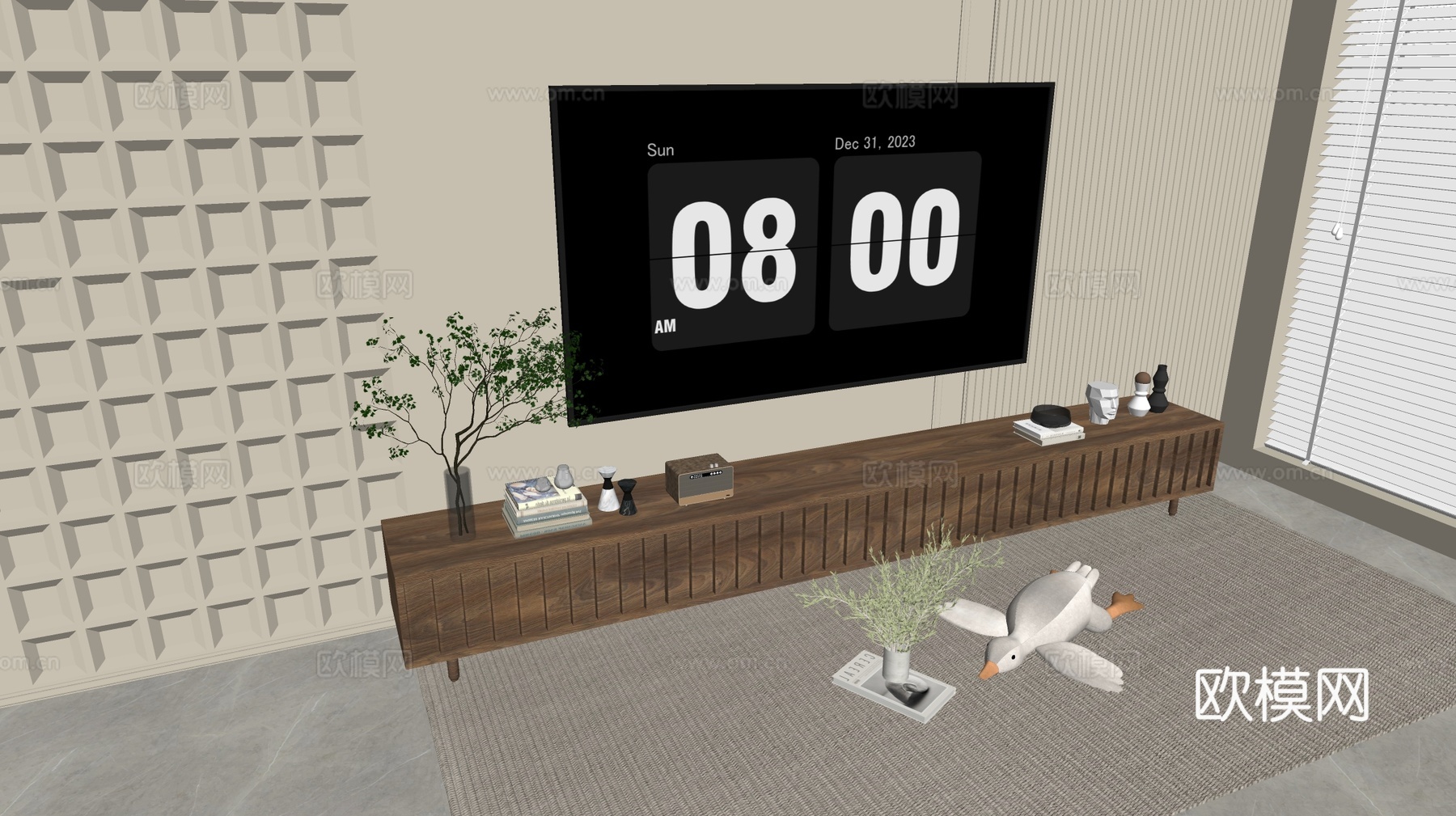 原木风木纹电视柜su模型下载（渲染图1）