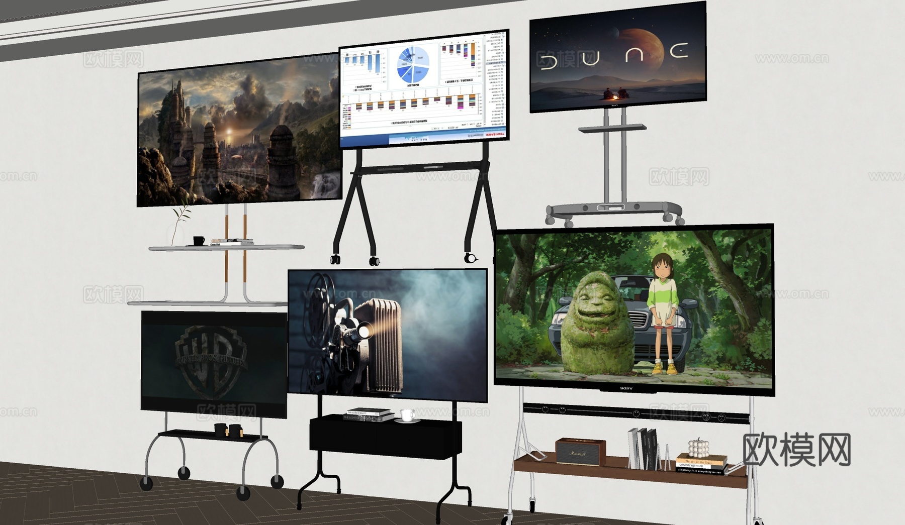 现代移动电视 电视支架 激光电视 投影仪su模型下载（渲染图1）