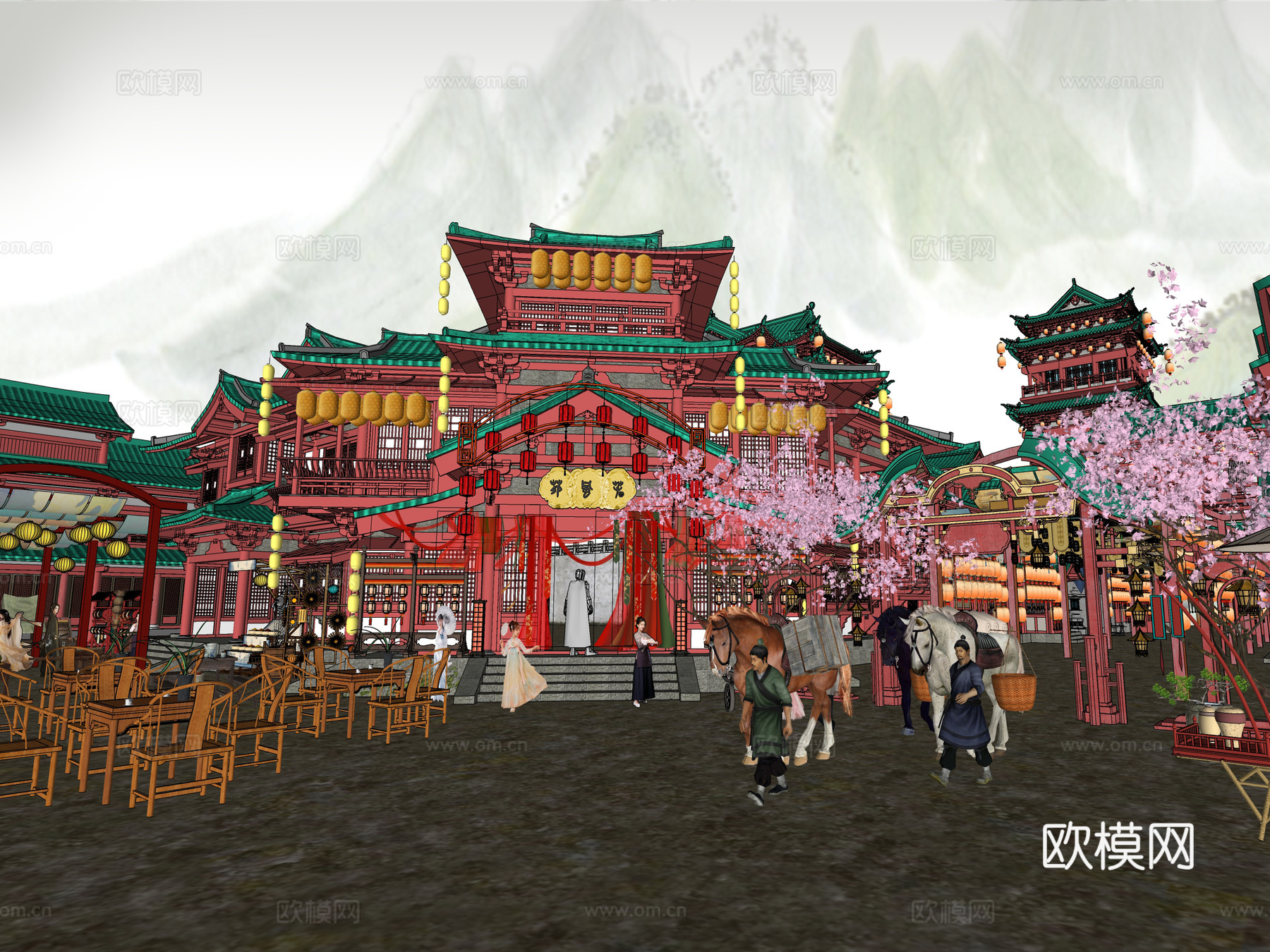 中式古建灯会集市su模型下载