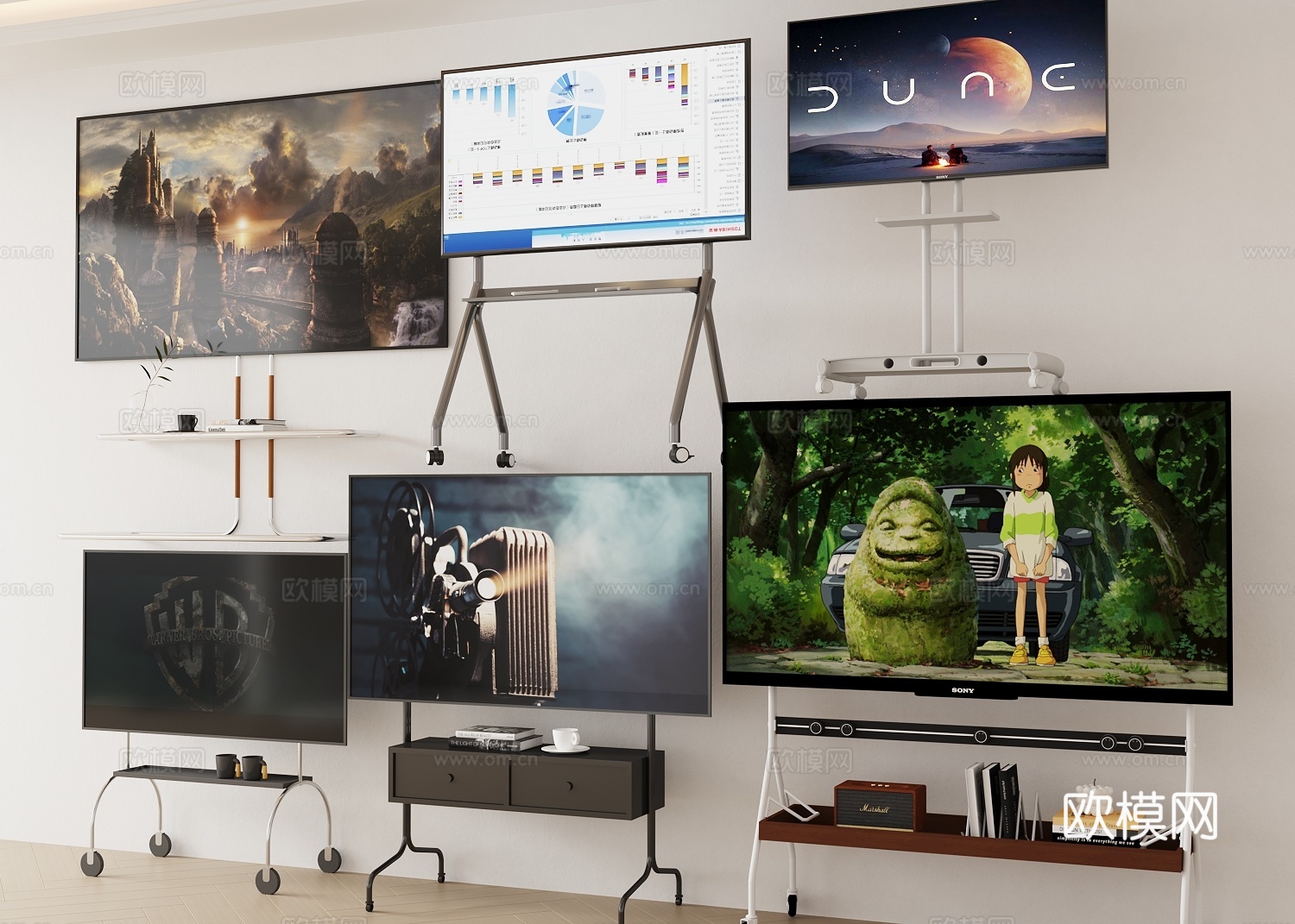 现代移动电视 电视支架 激光电视 投影仪su模型下载（渲染图2）