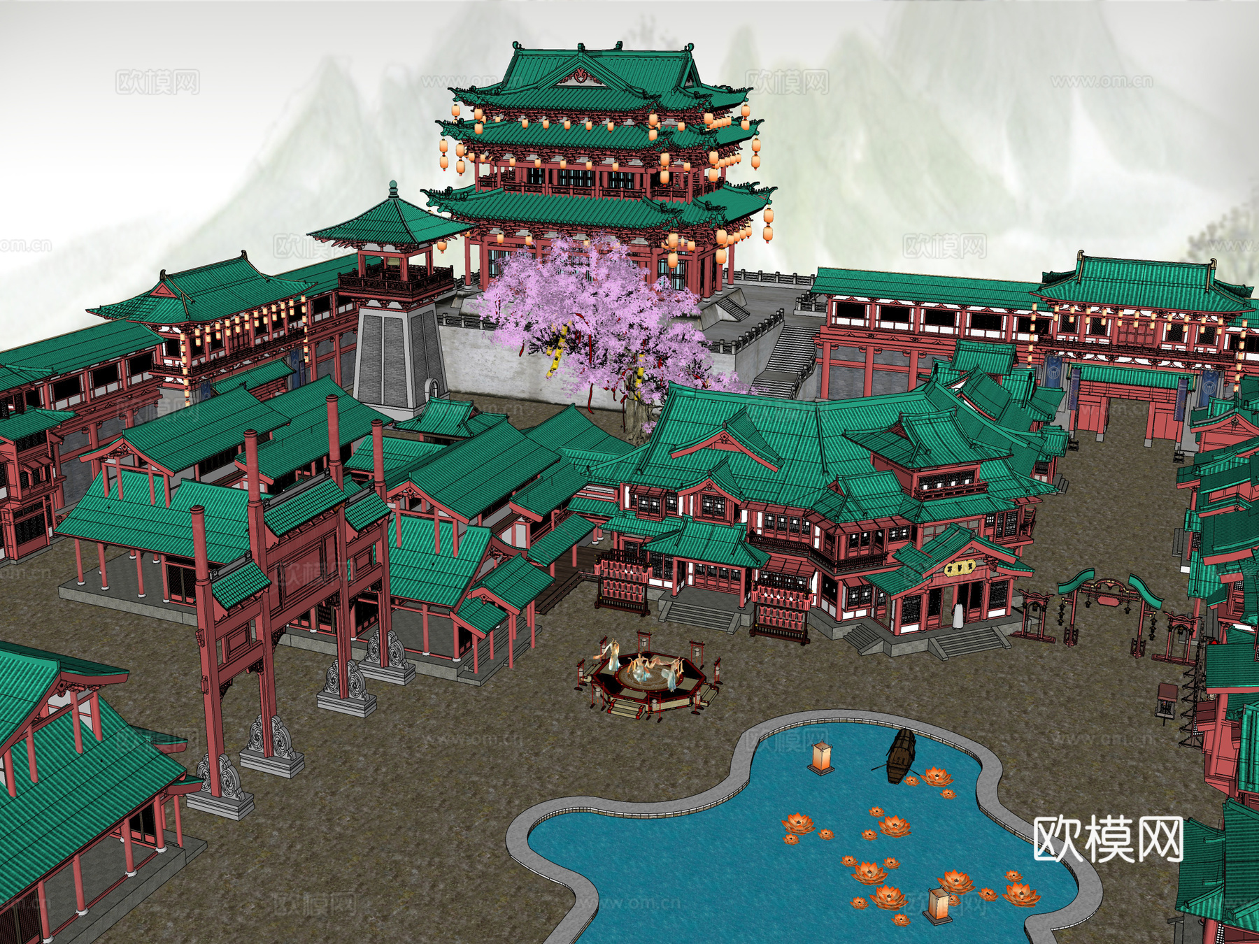 中式古建灯会集市su模型下载