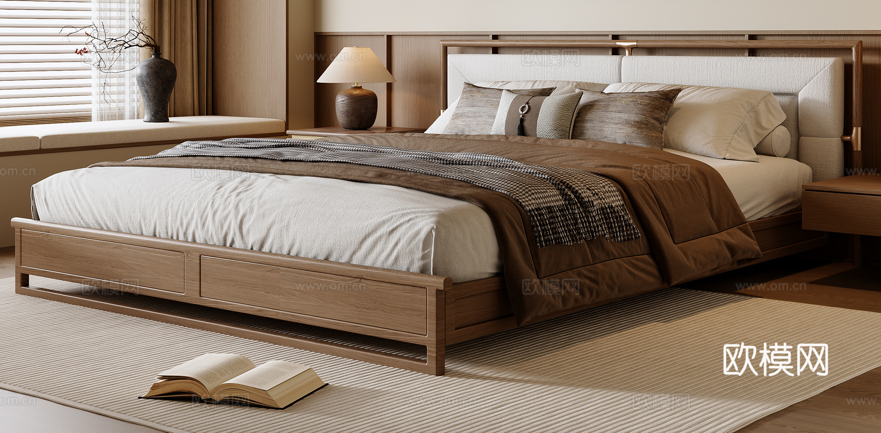 新中式双人床su模型下载（渲染图2）