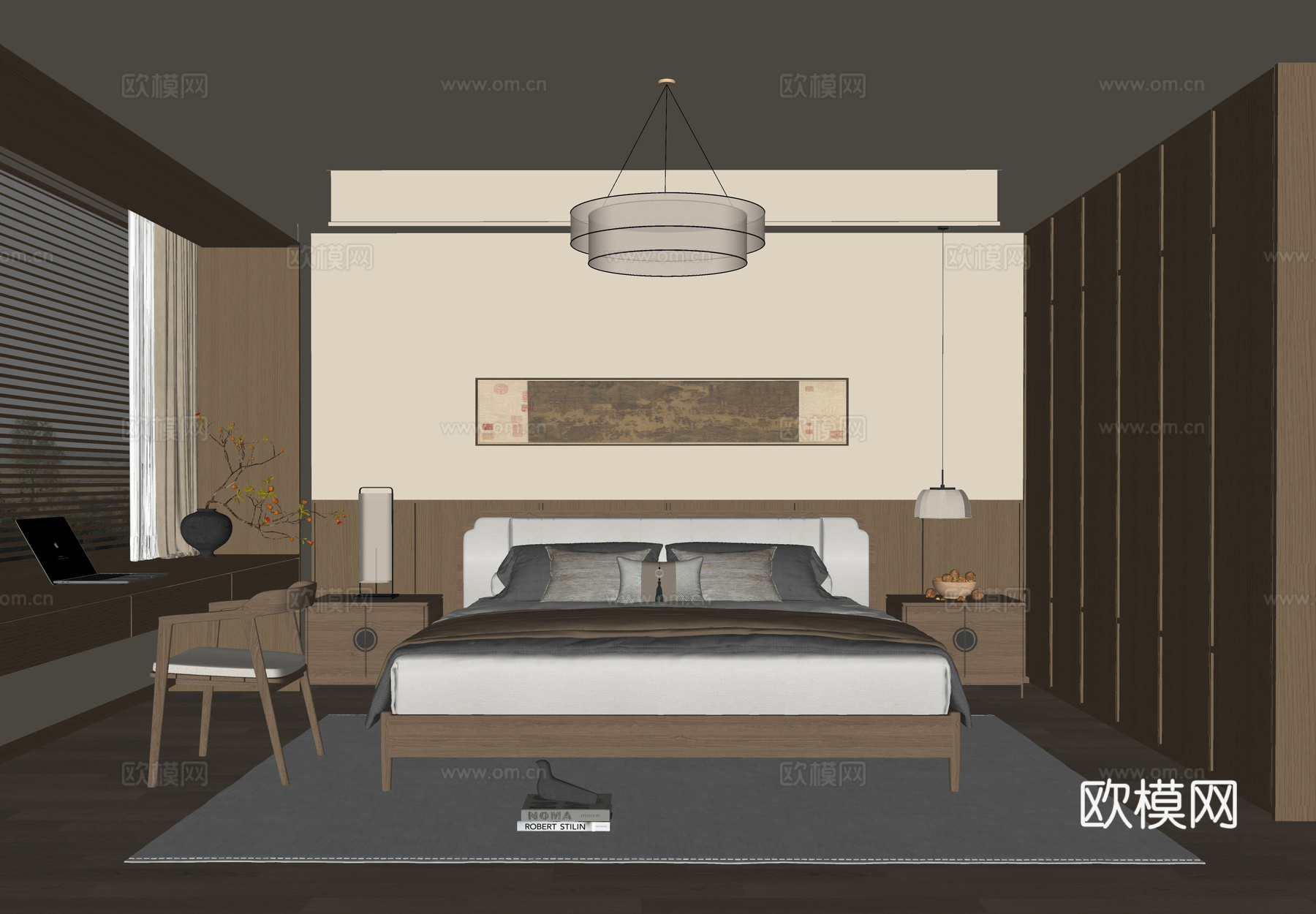 新中式卧室 主卧su模型下载（渲染图1）