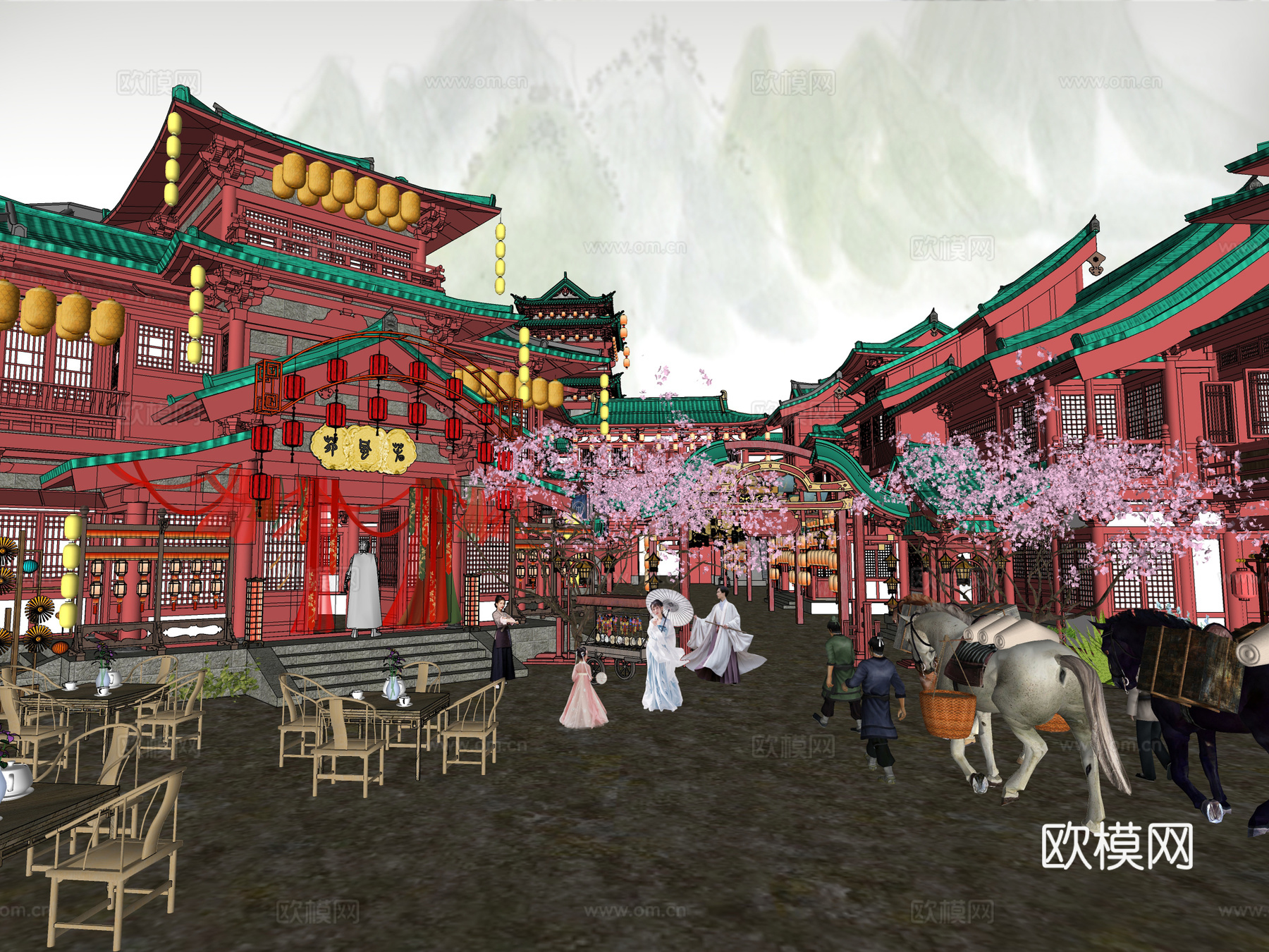 中式古建灯会集市su模型下载