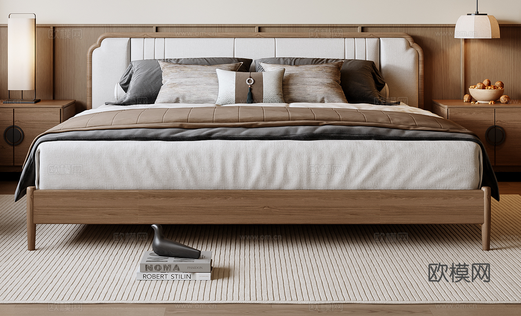 新中式双人床3d模型下载