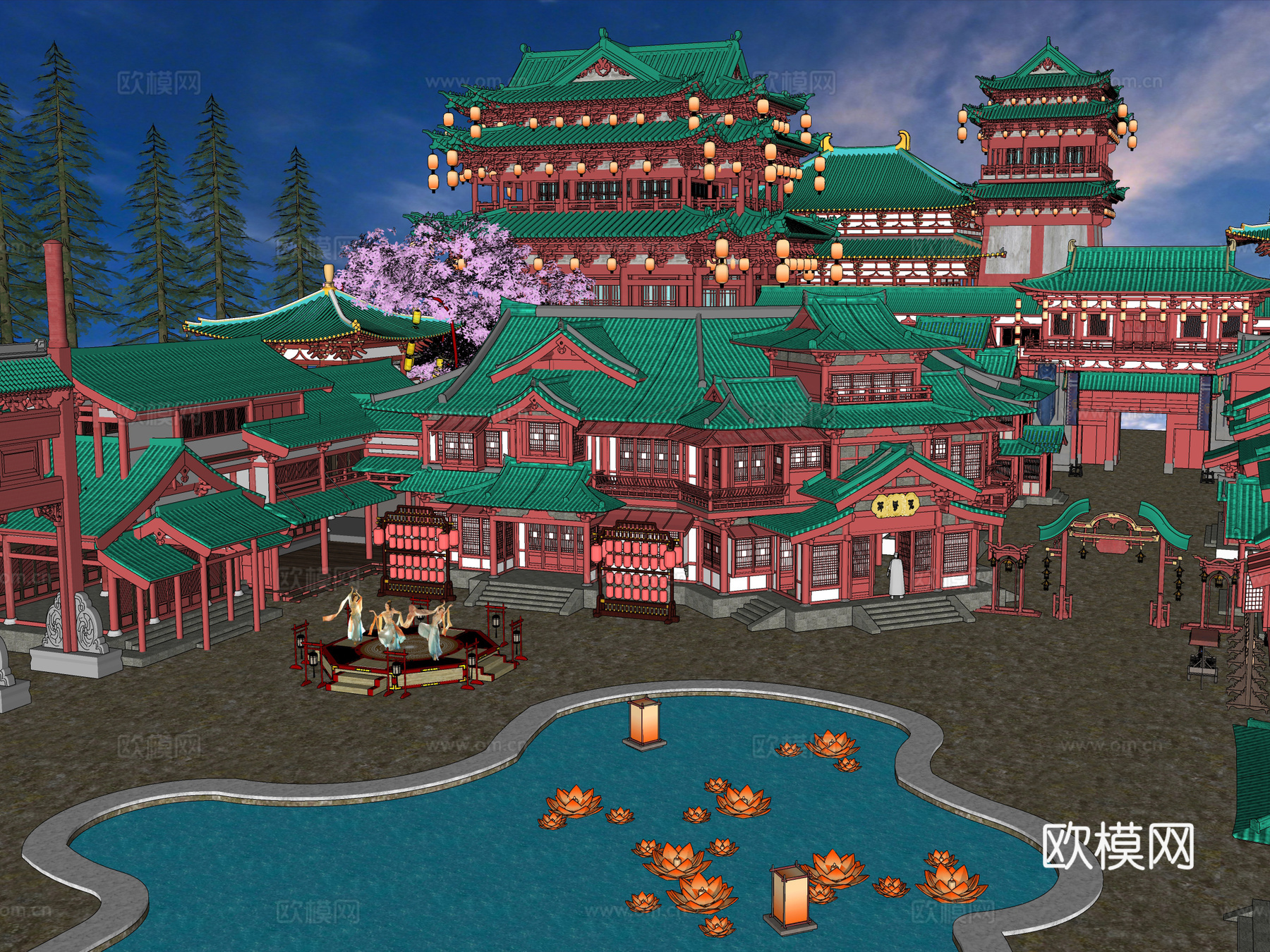 中式古建灯会集市su模型下载