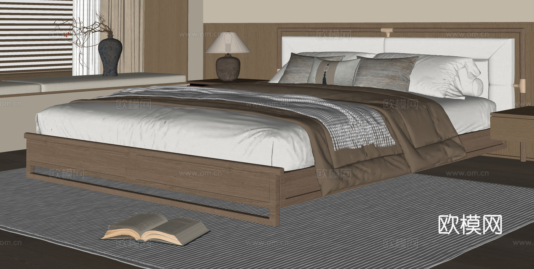 新中式双人床su模型下载（渲染图1）