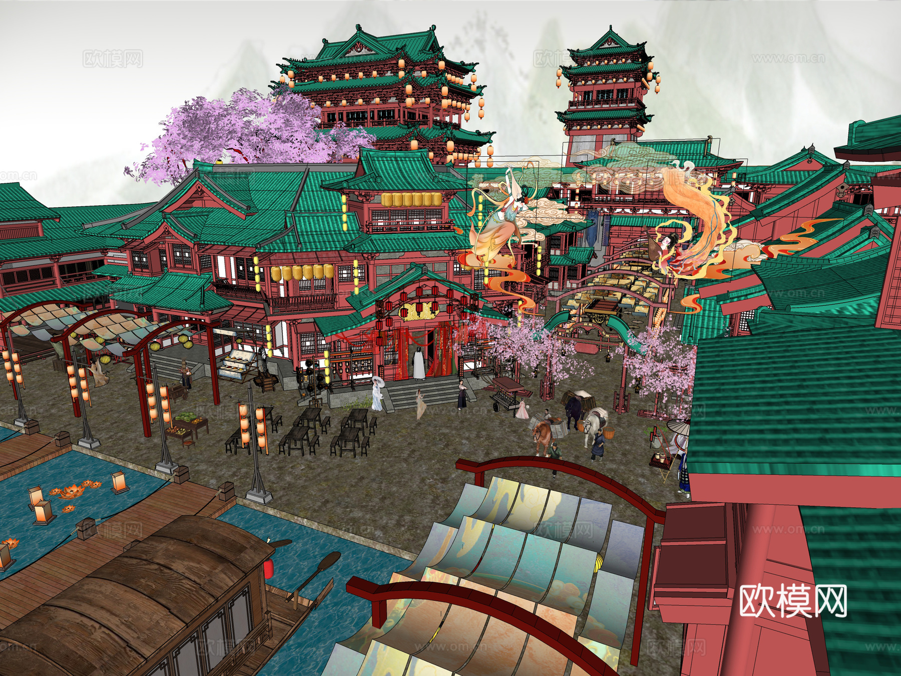 中式古建灯会集市su模型下载