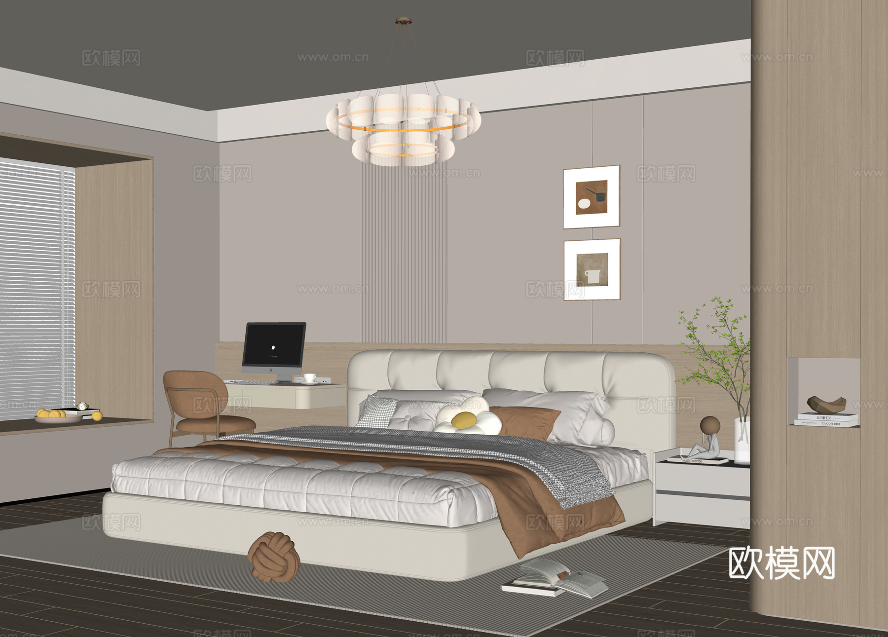 奶油风卧室su模型下载（渲染图1）