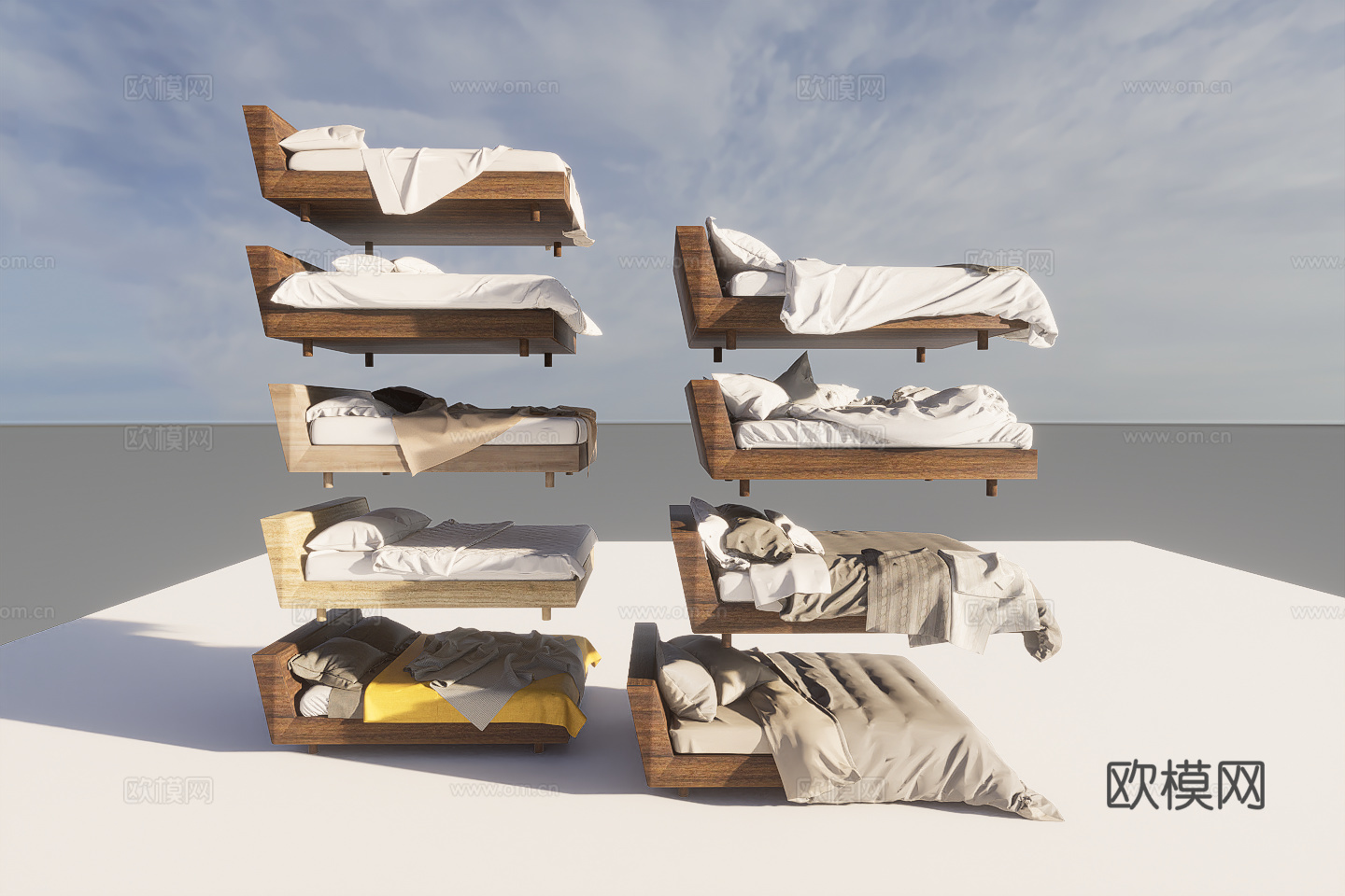 侘寂极简双人床 地台床su模型下载（渲染图2）