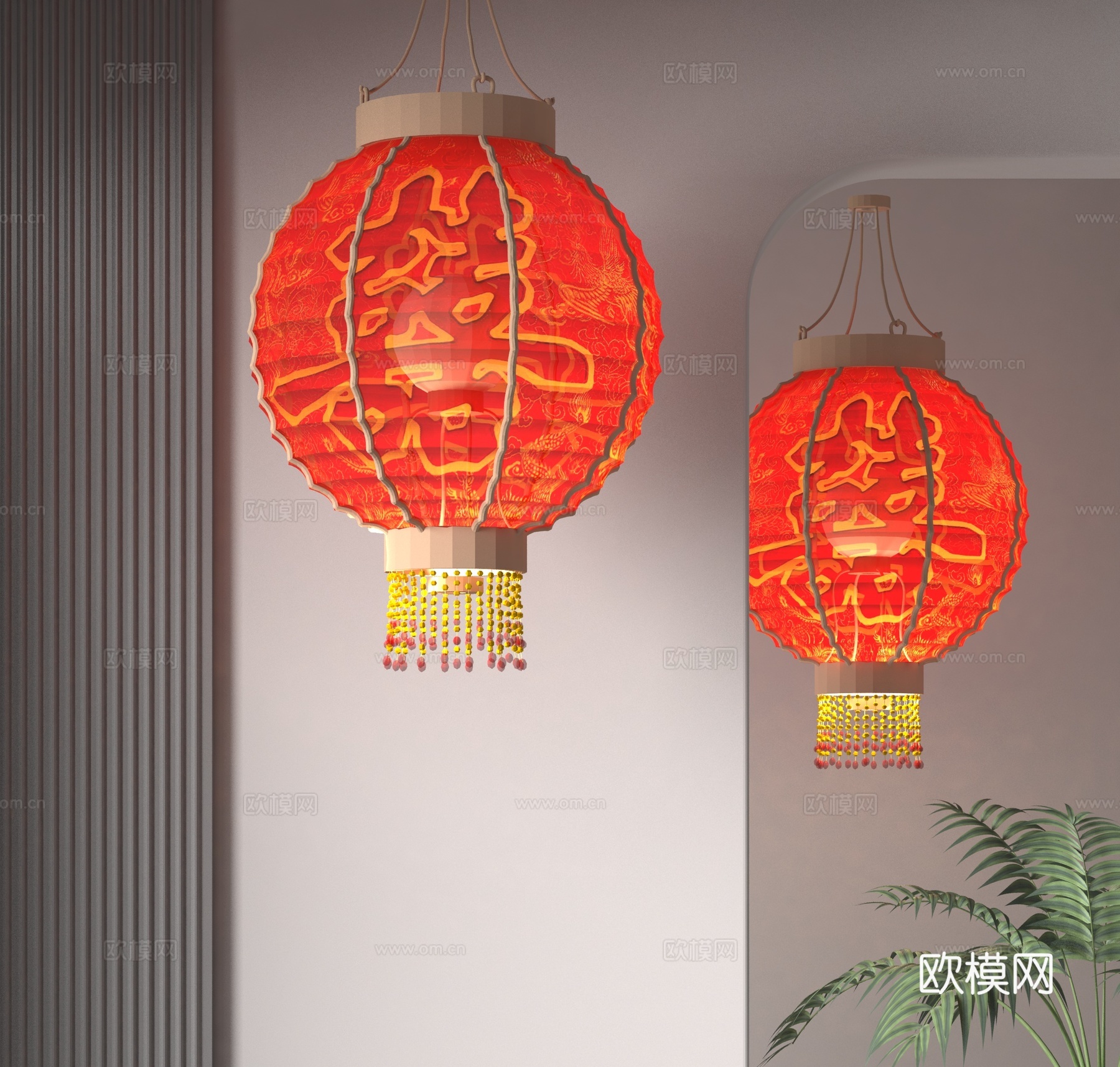 中式双喜灯笼3d模型下载