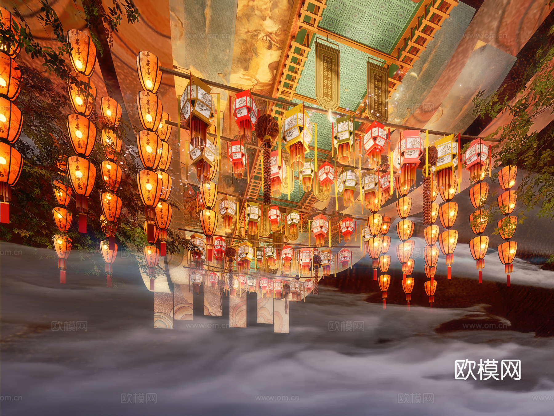 新中式灯笼灯会 集市美陈 敦煌飞天吊顶su模型