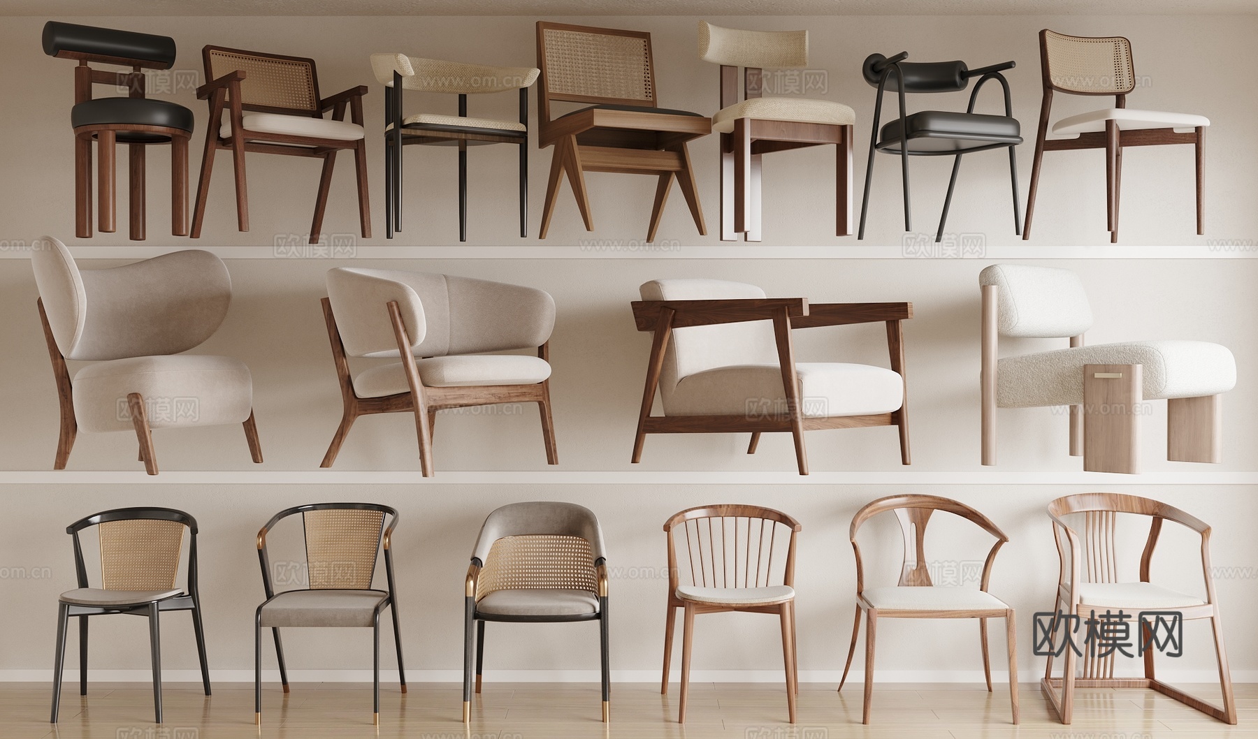 新中式休闲椅 沙发椅 木椅 藤编椅3d模型下载