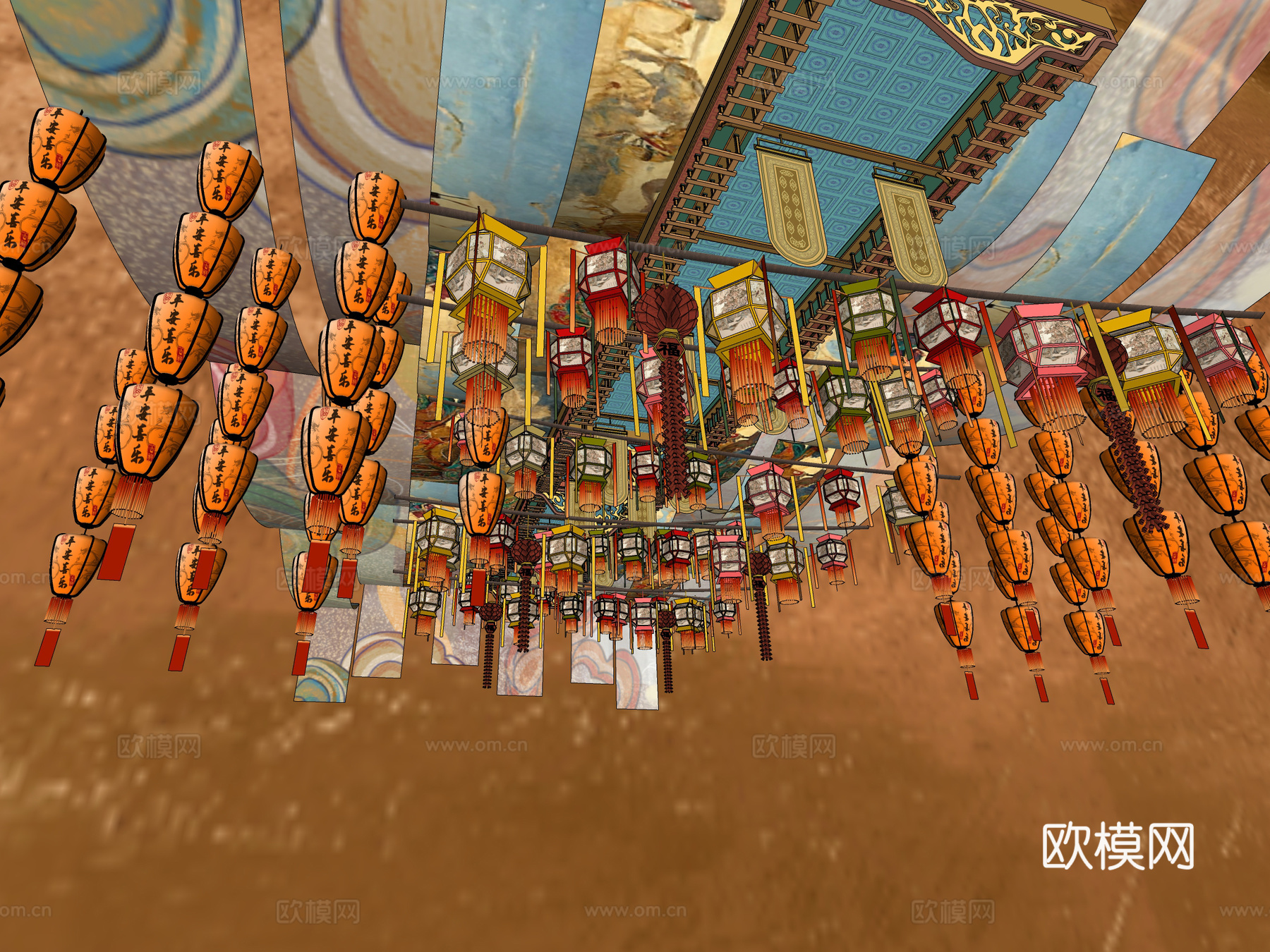 新中式灯笼灯会 集市美陈 敦煌飞天吊顶su模型