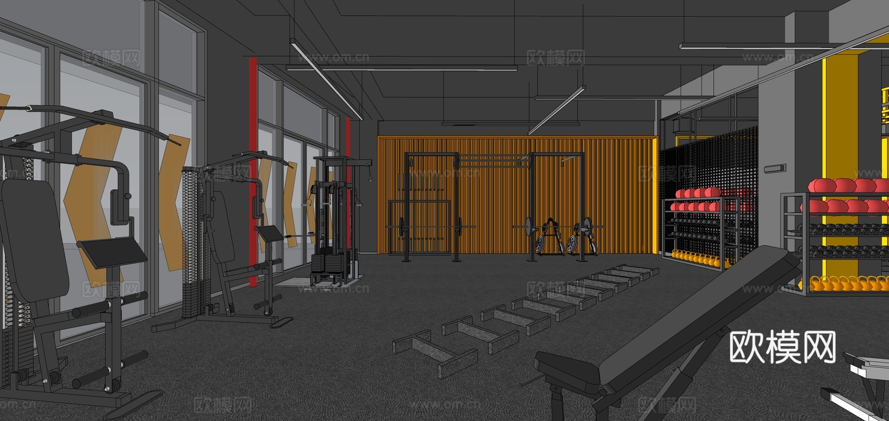 现代健身房 轰趴馆su模型下载（渲染图1）
