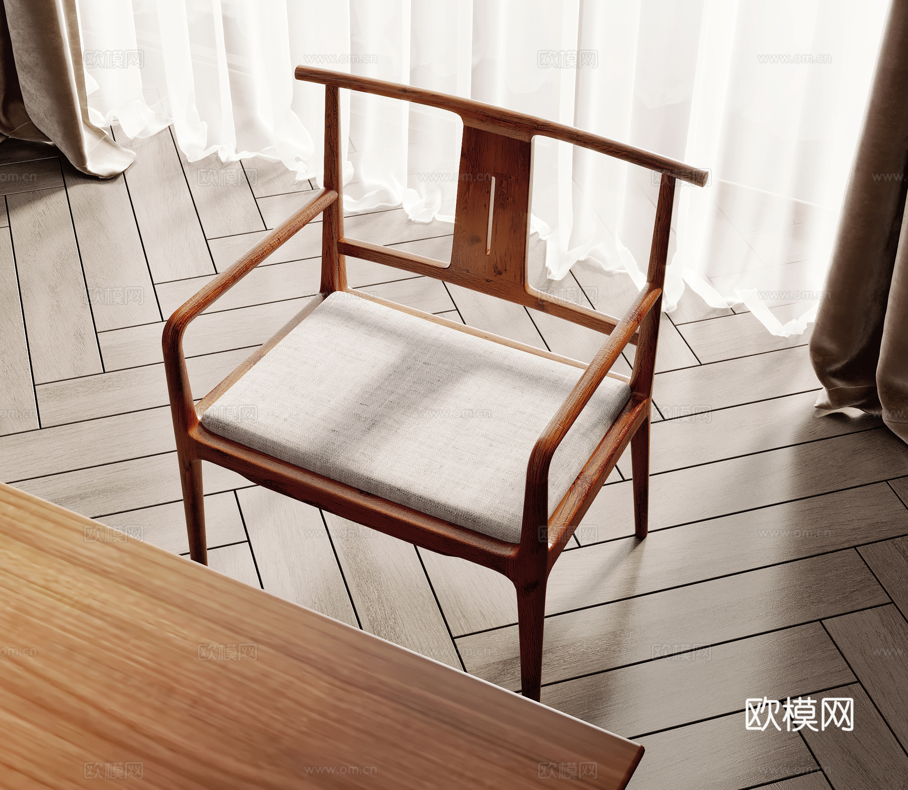 新中式单椅su模型下载（渲染图2）