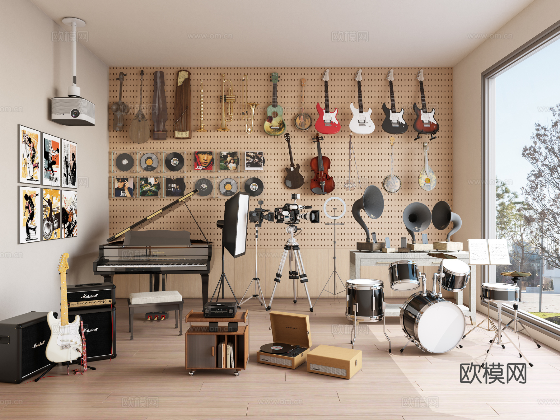 架子鼓 乐器 钢琴 吉他 古筝 唱片su模型下载（渲染图2）