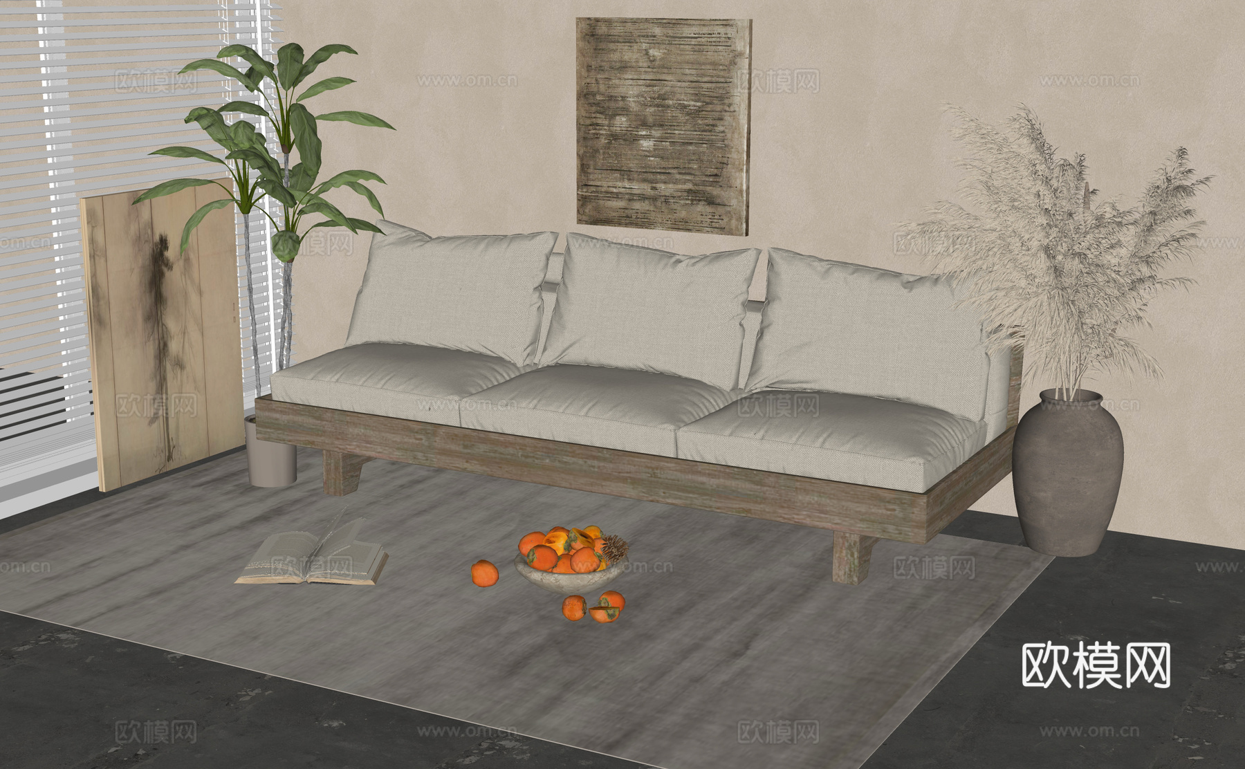 侘寂风多人沙发su模型下载（渲染图1）