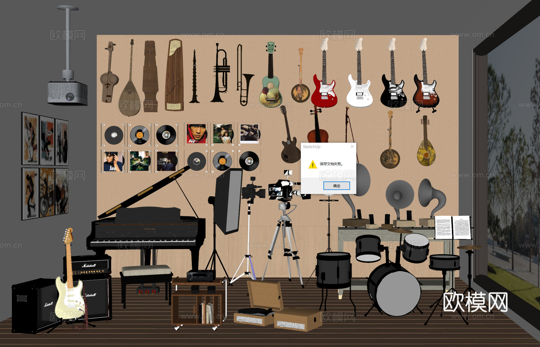 架子鼓 乐器 钢琴 吉他 古筝 唱片su模型下载（渲染图1）