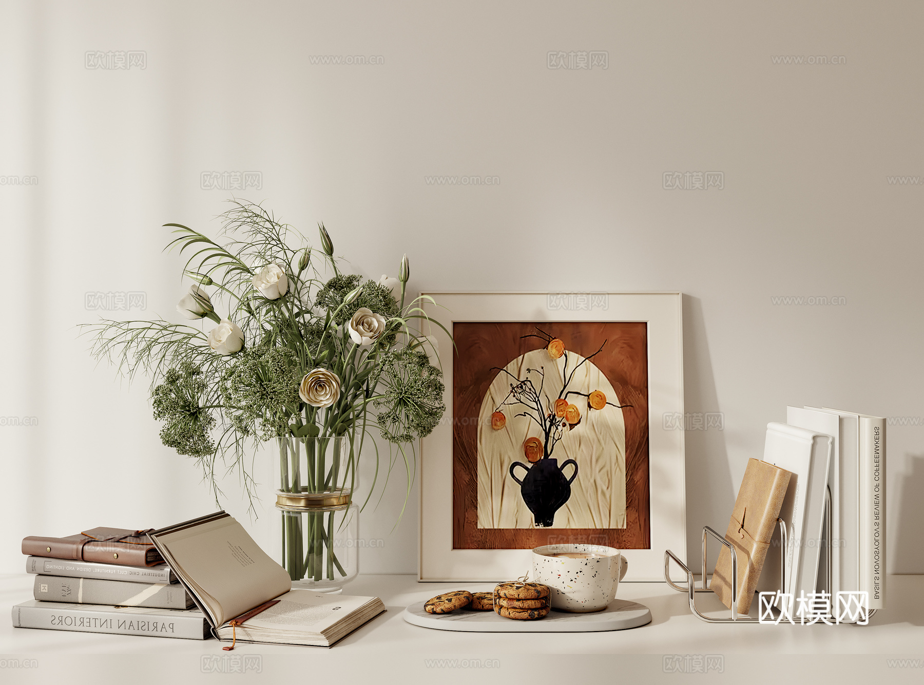 法式书籍 桌面摆件 花瓶su模型下载（渲染图2）