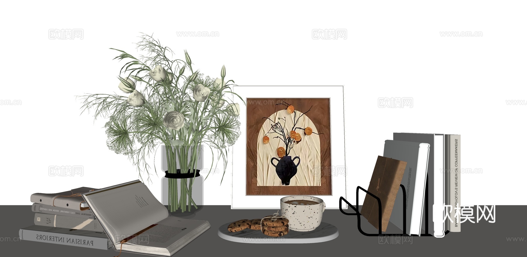 法式书籍 桌面摆件 花瓶su模型下载（渲染图1）