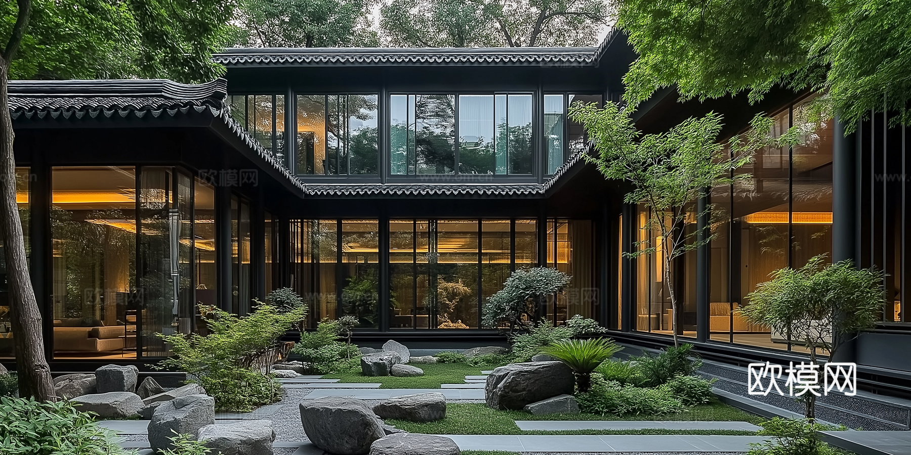 高清新中式园林景观院子外景贴图下载