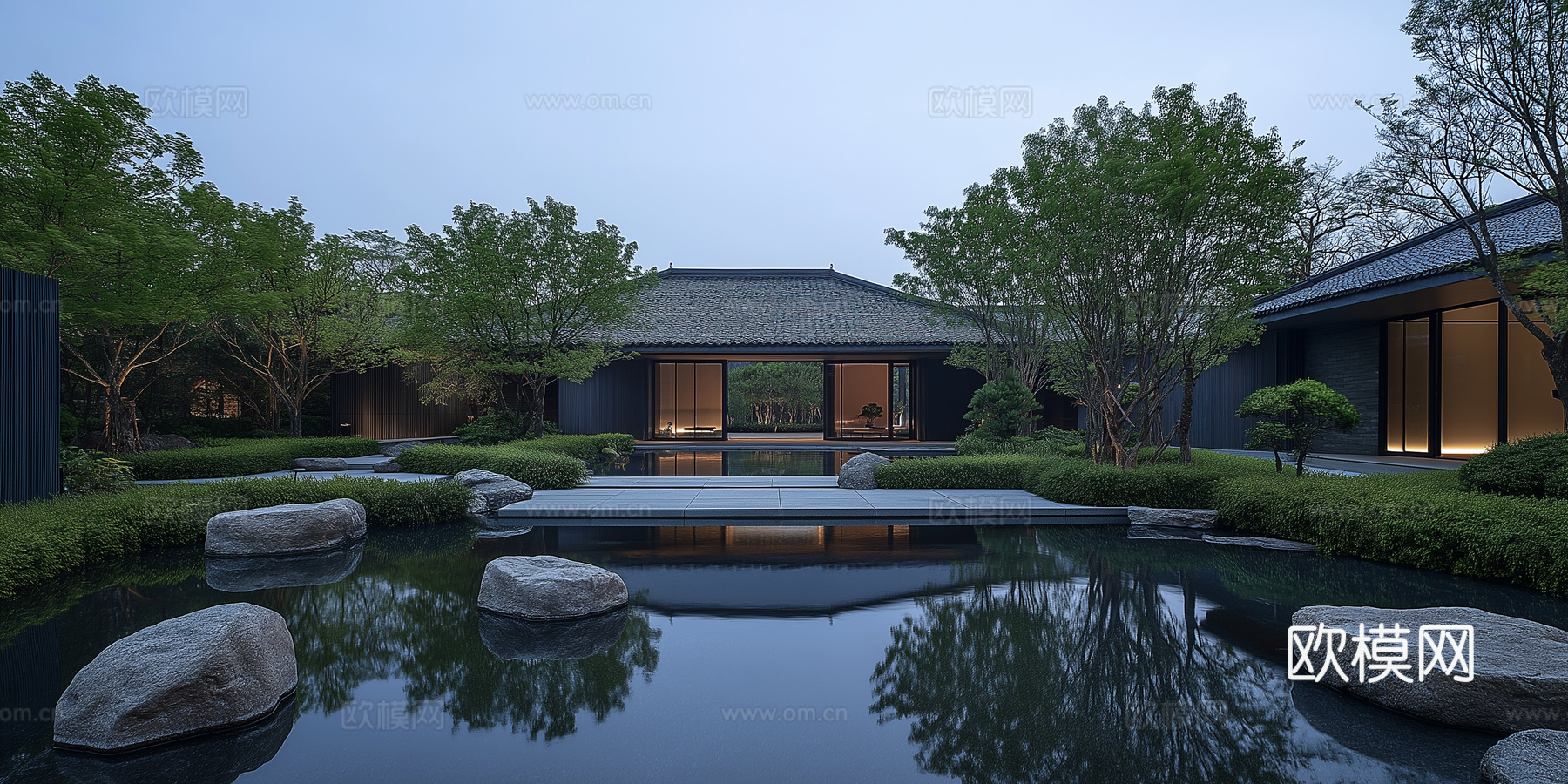 高清新中式园林景观院子外景贴图下载