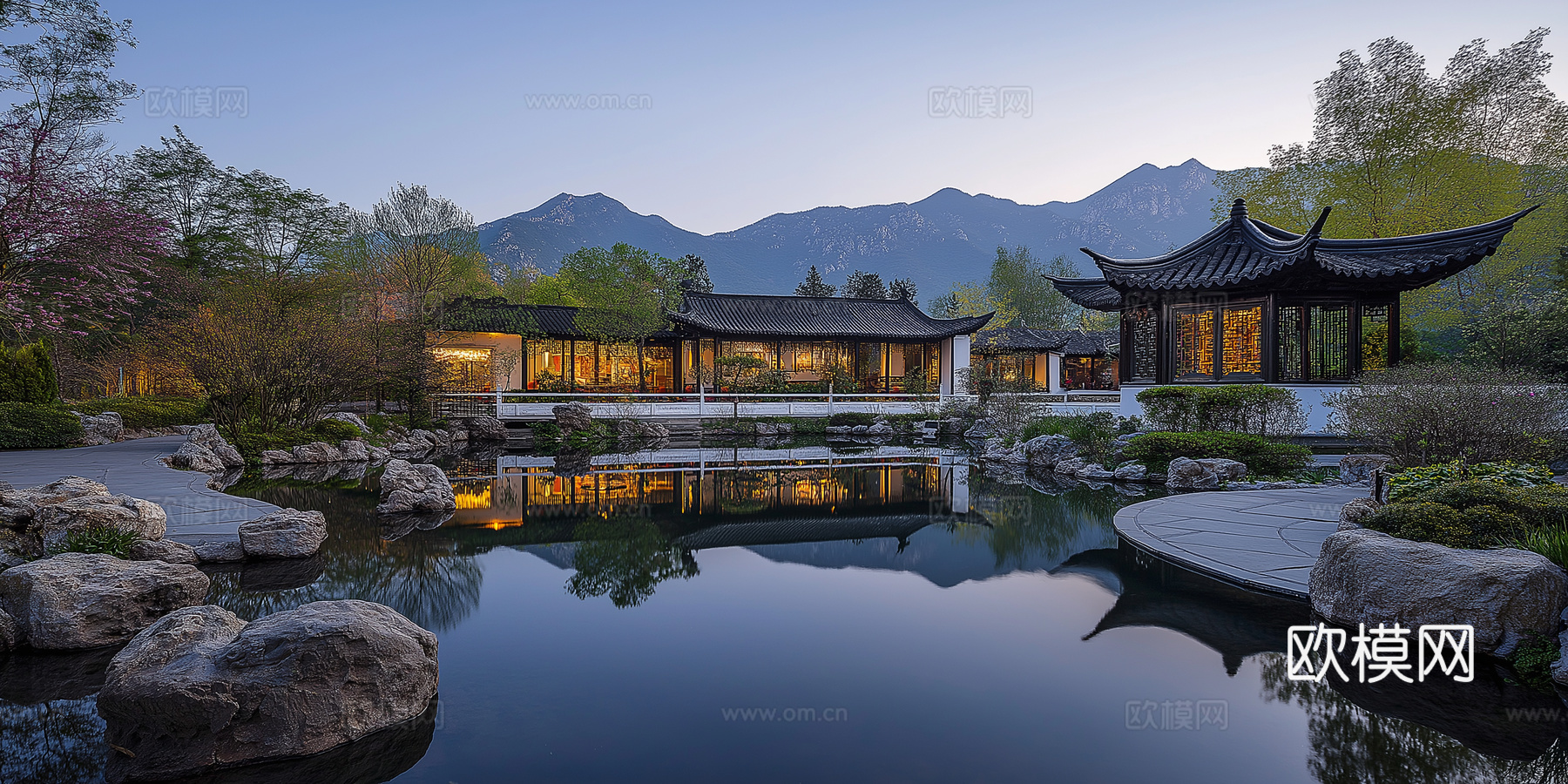 高清新中式园林景观院子外景贴图下载