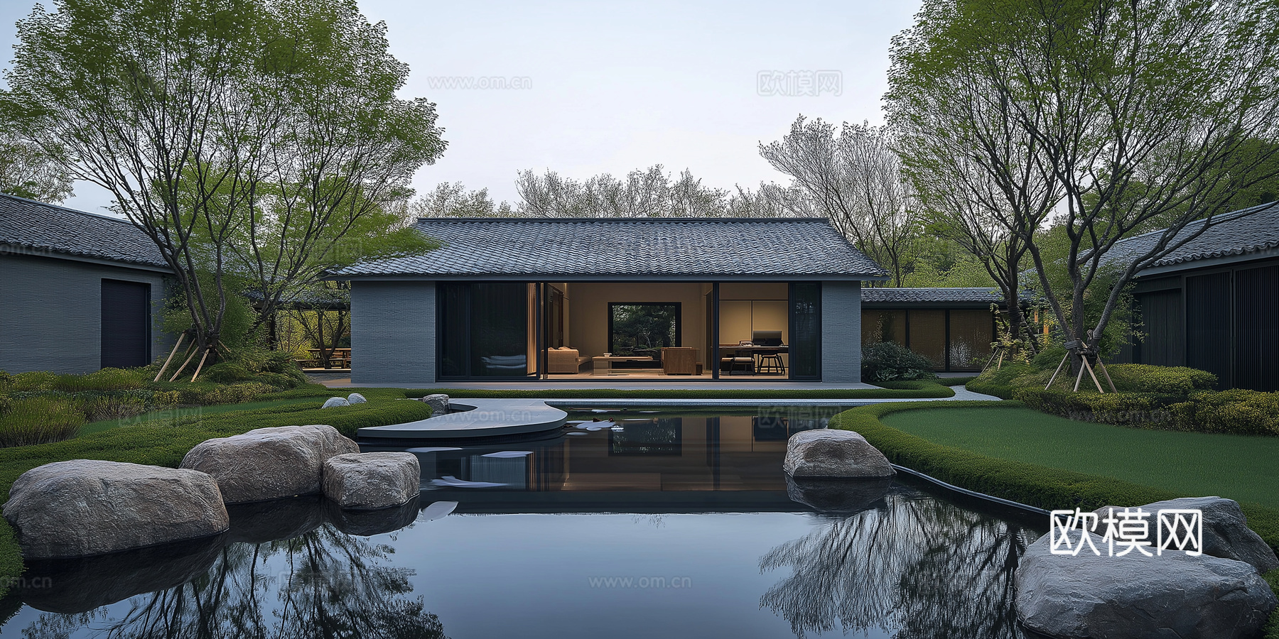 高清新中式园林景观院子外景贴图下载