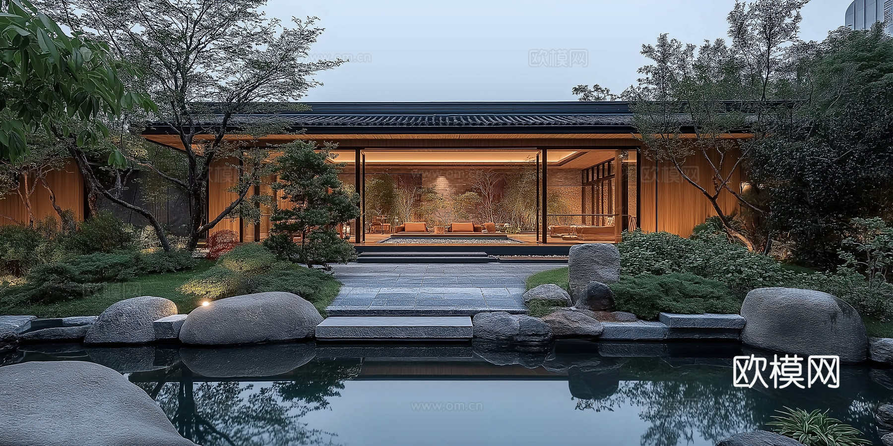 高清新中式园林景观院子外景贴图下载