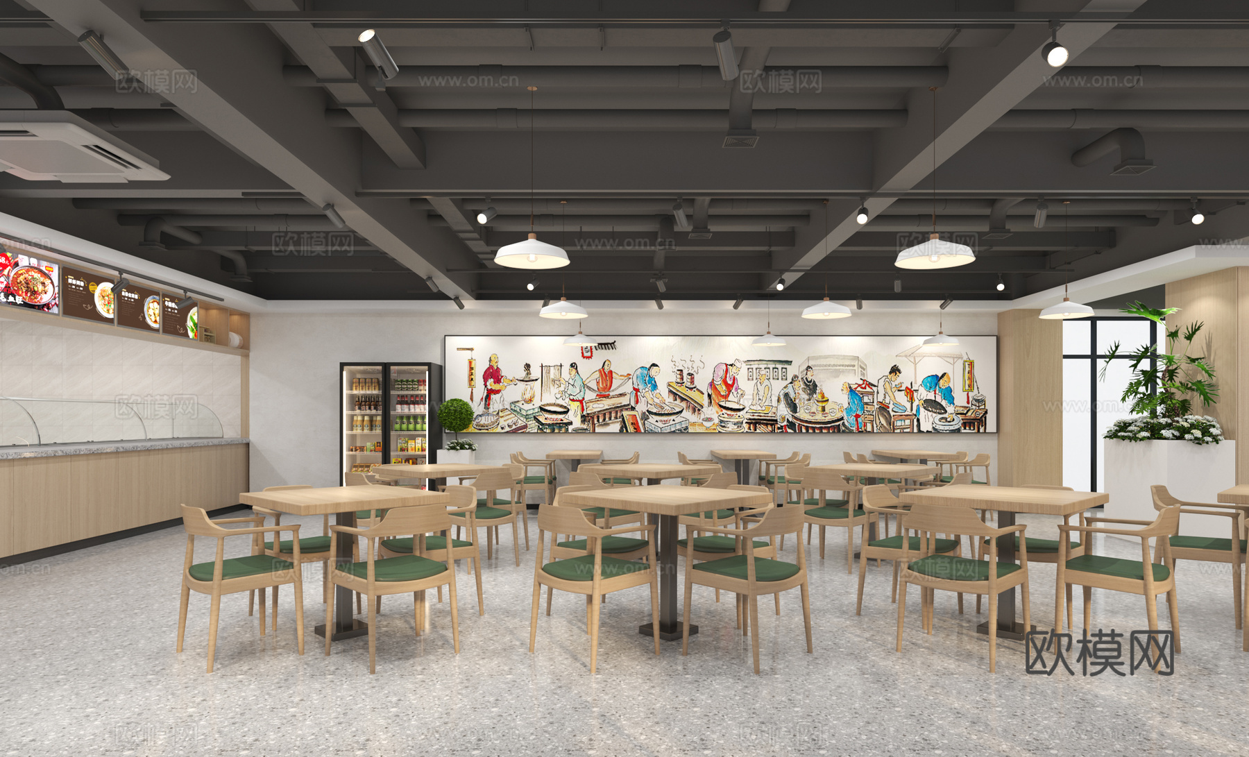 现代社区食堂 食堂 餐厅售卖区3d模型下载（渲染图1）