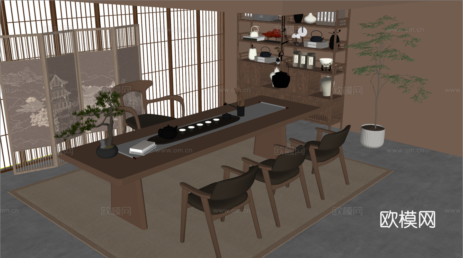 中古风茶桌椅 茶台su模型下载（渲染图1）