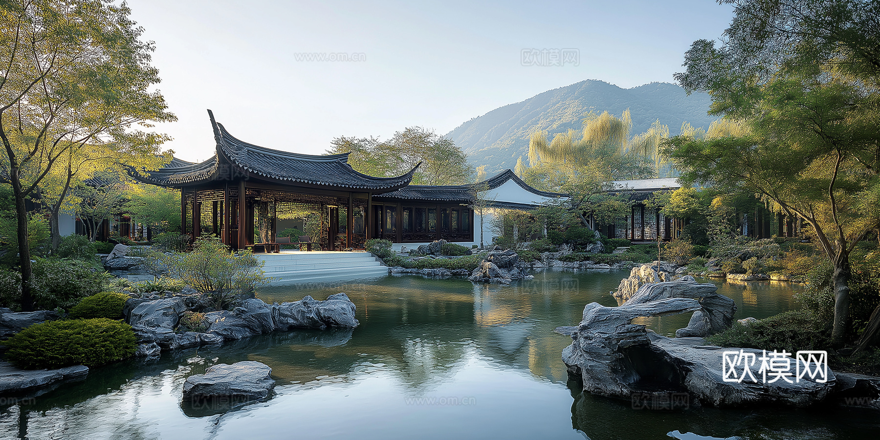 高清新中式园林景观院子外景贴图下载