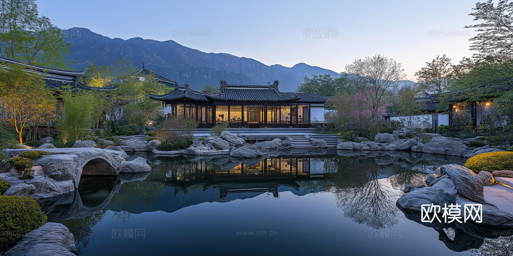 高清新中式园林景观院子外景贴图下载