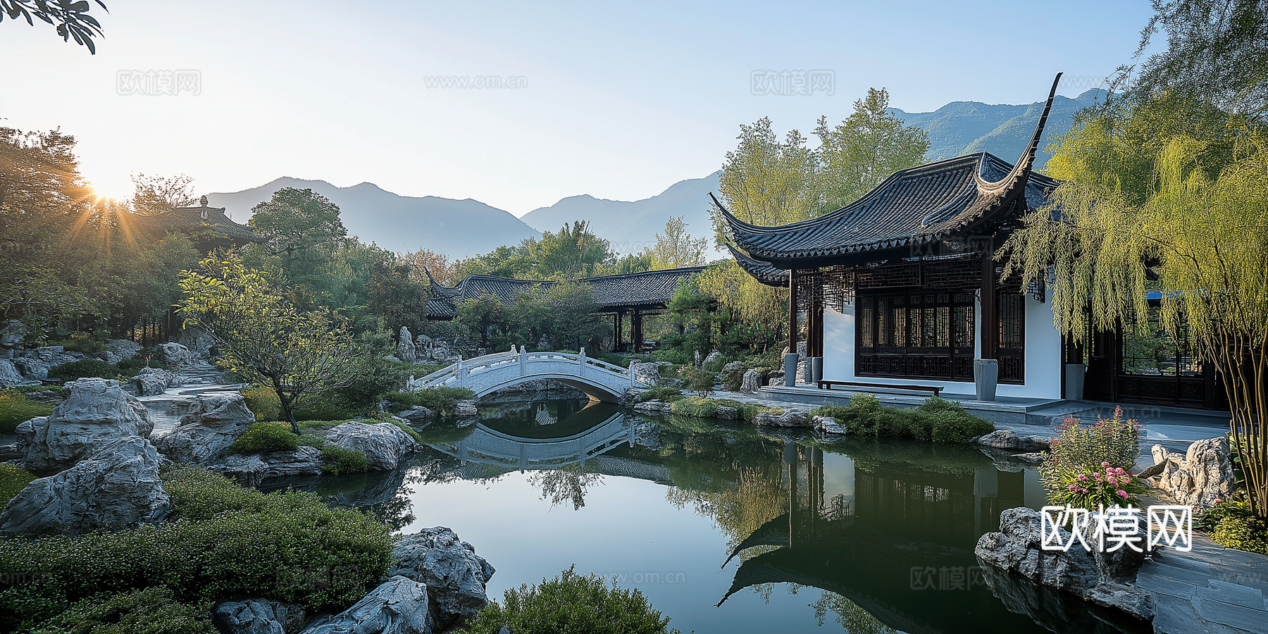 高清新中式园林景观院子外景贴图下载