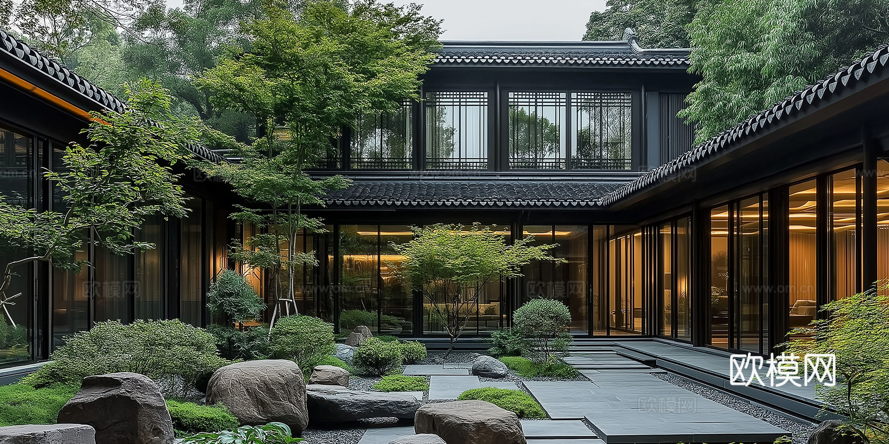 高清新中式园林景观院子外景贴图下载