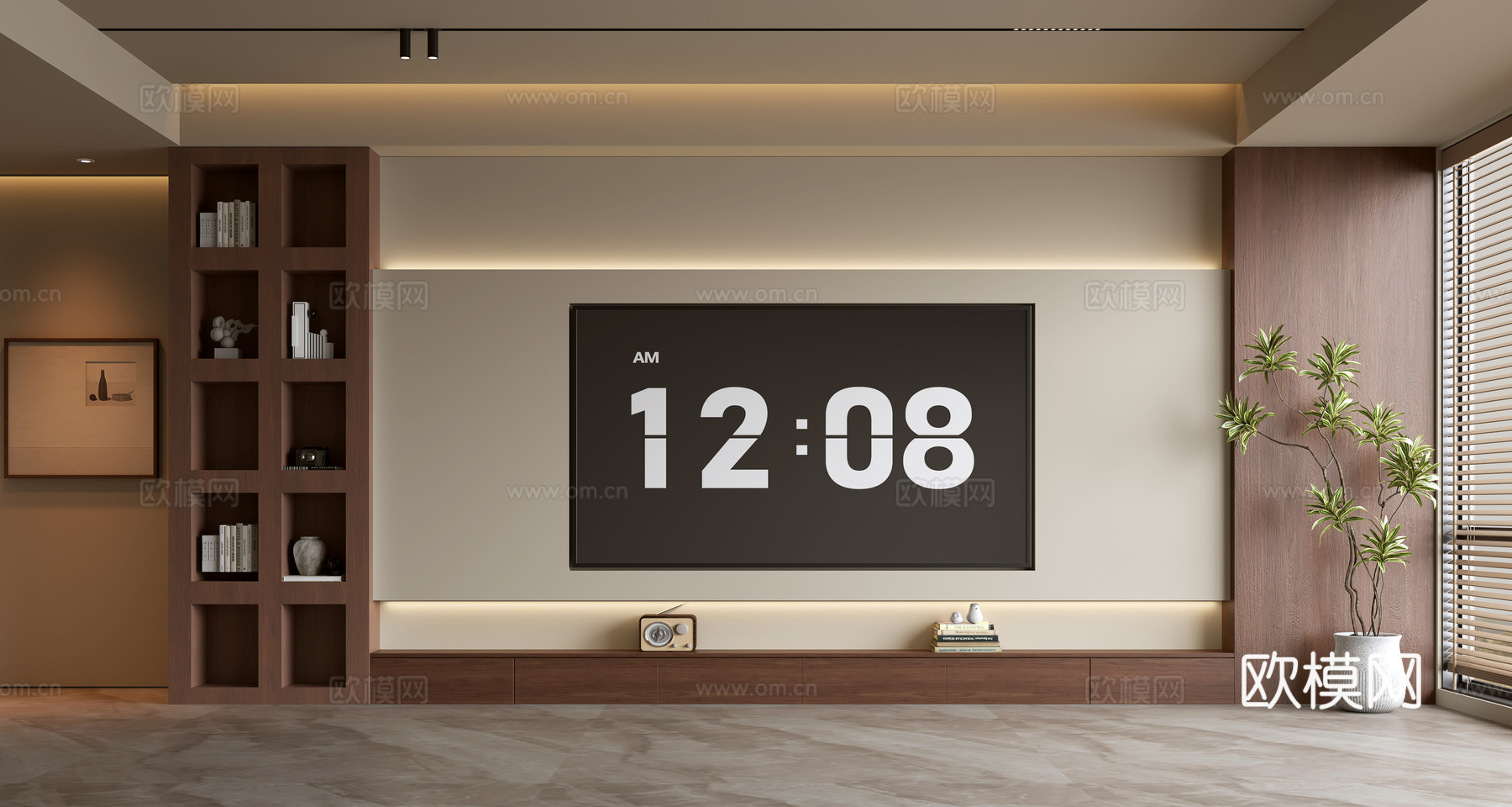 中古风电视背景墙su模型下载（渲染图2）