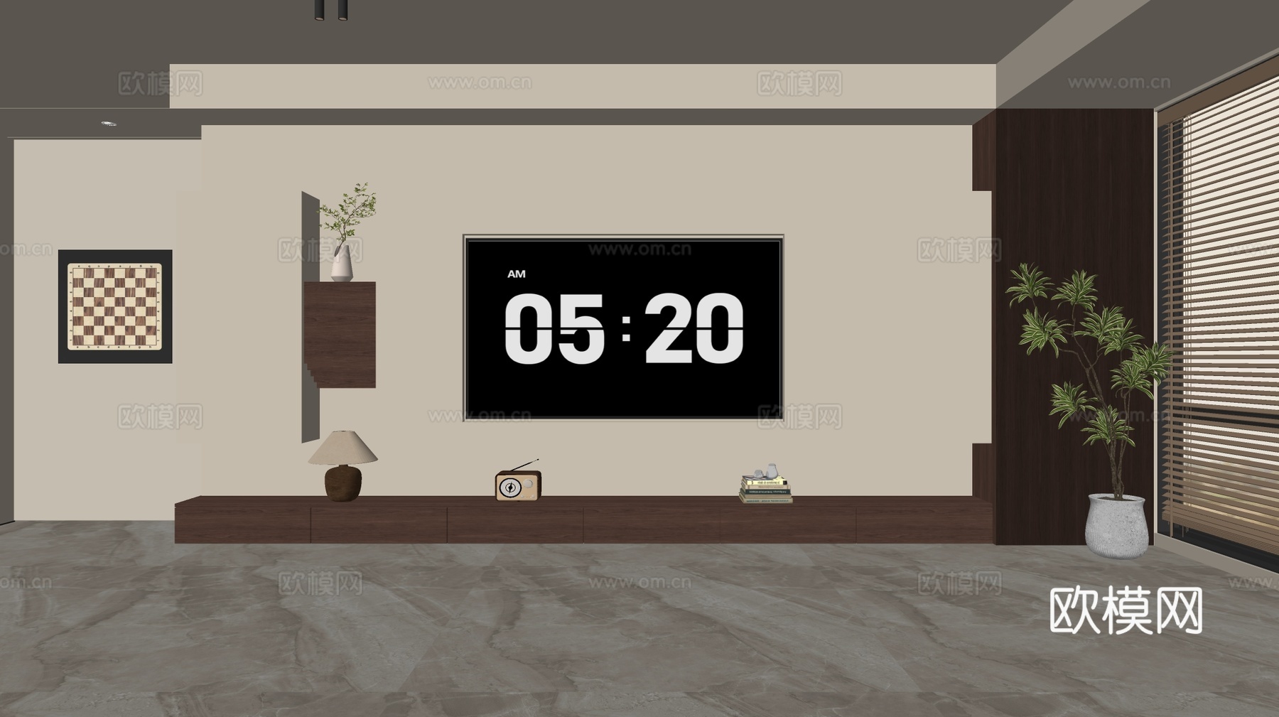 中古风电视背景墙su模型下载（渲染图1）