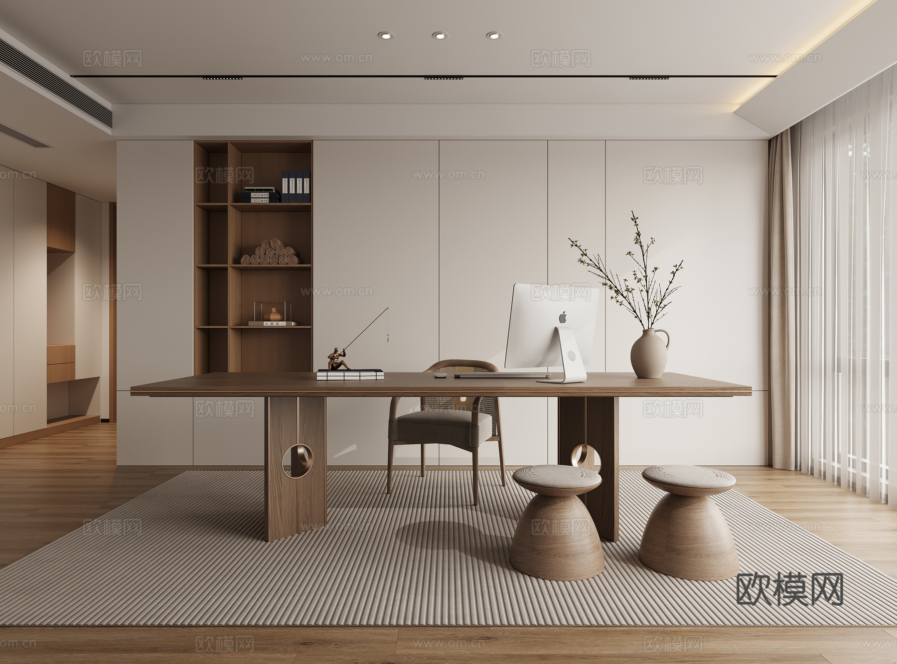 新中式禅意书房su模型下载（渲染图2）