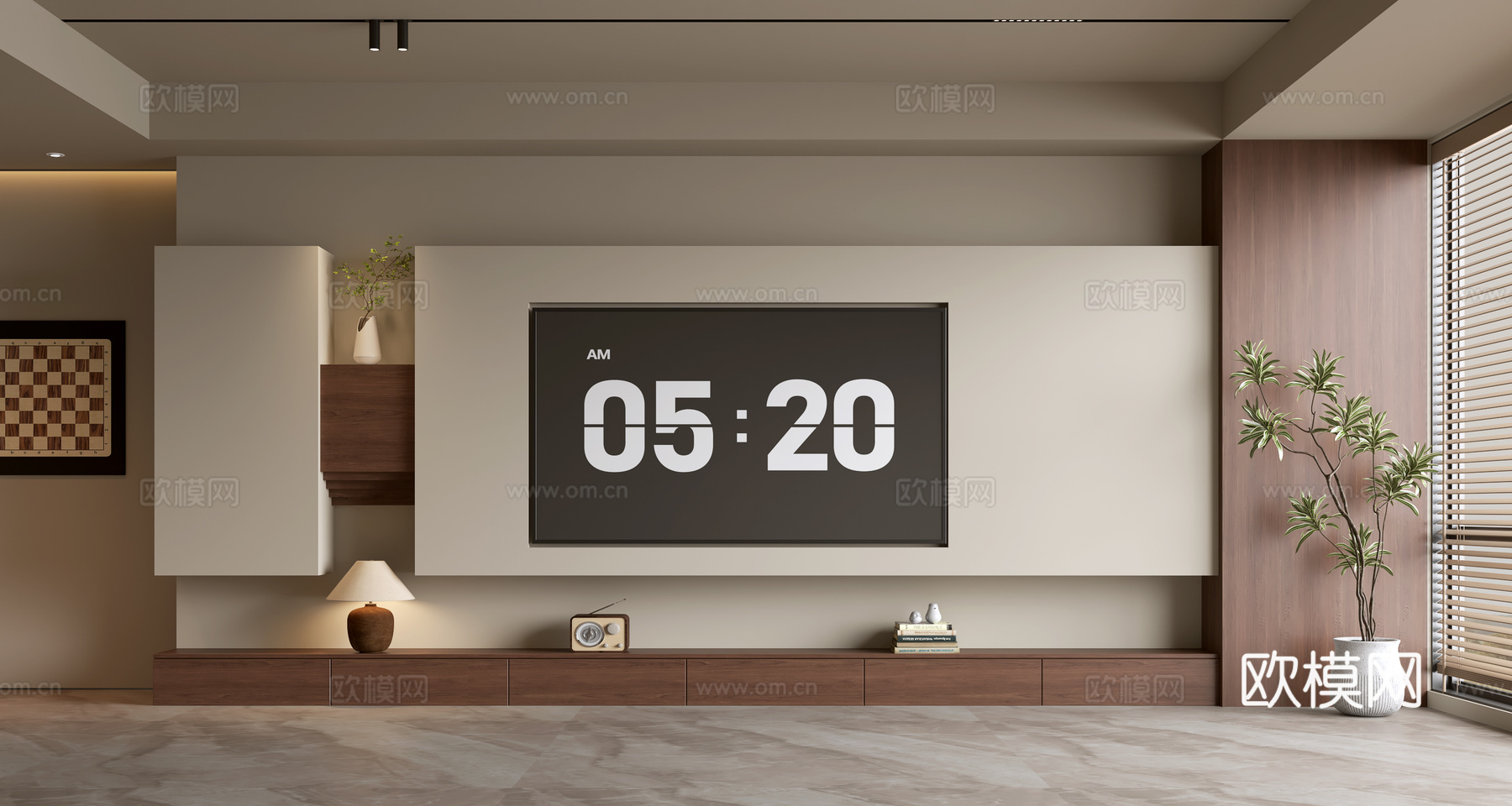 中古风电视背景墙su模型下载（渲染图2）