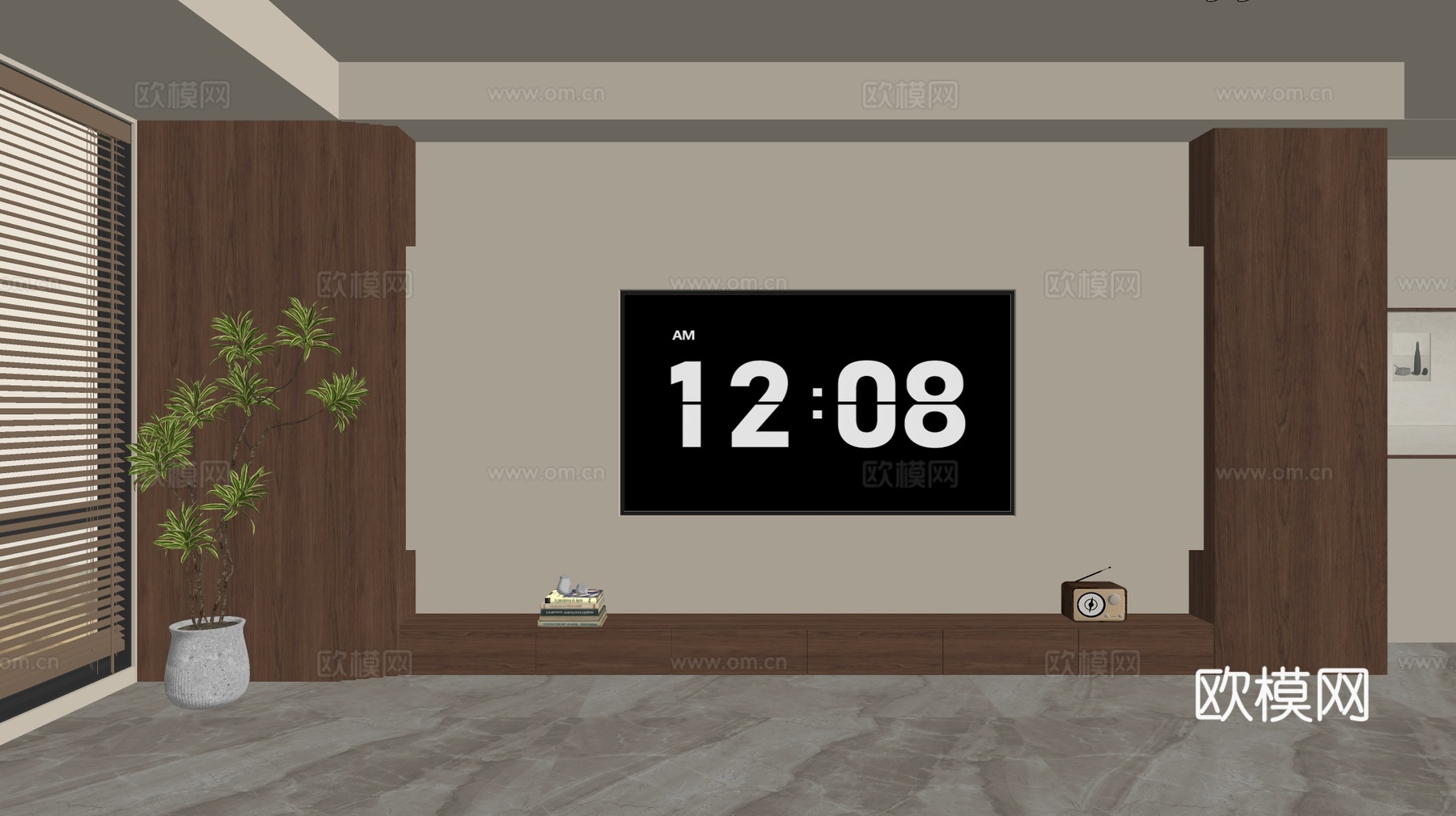 中古风电视背景墙su模型下载（渲染图1）