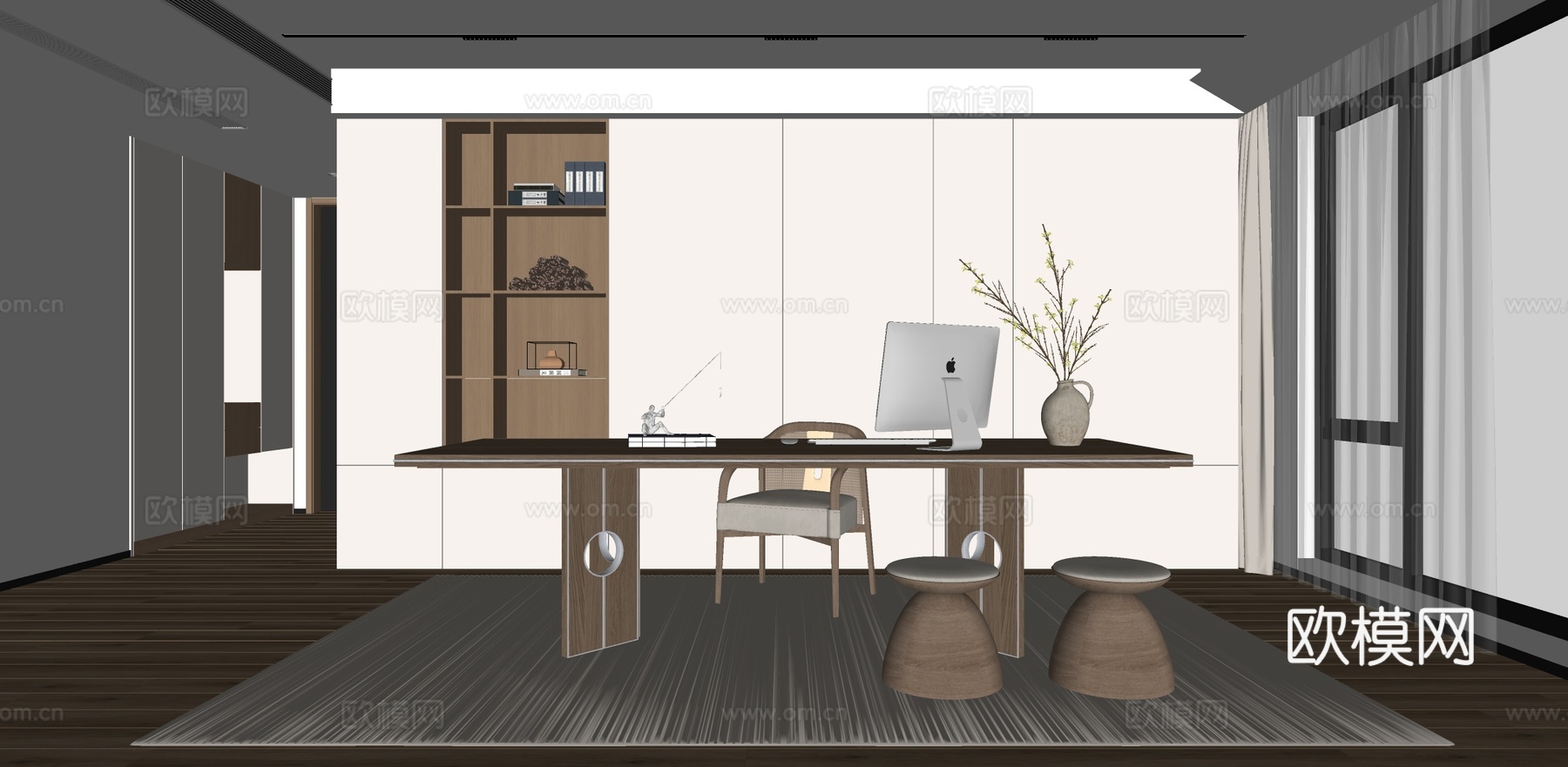 新中式禅意书房su模型下载（渲染图1）