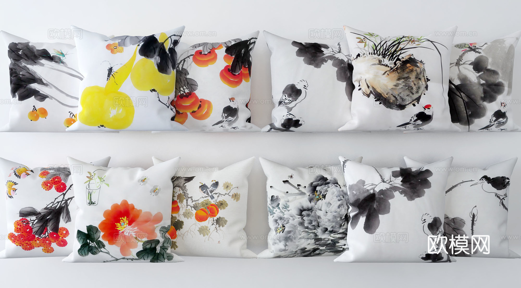 新中式水墨枕头 抱枕3d模型下载