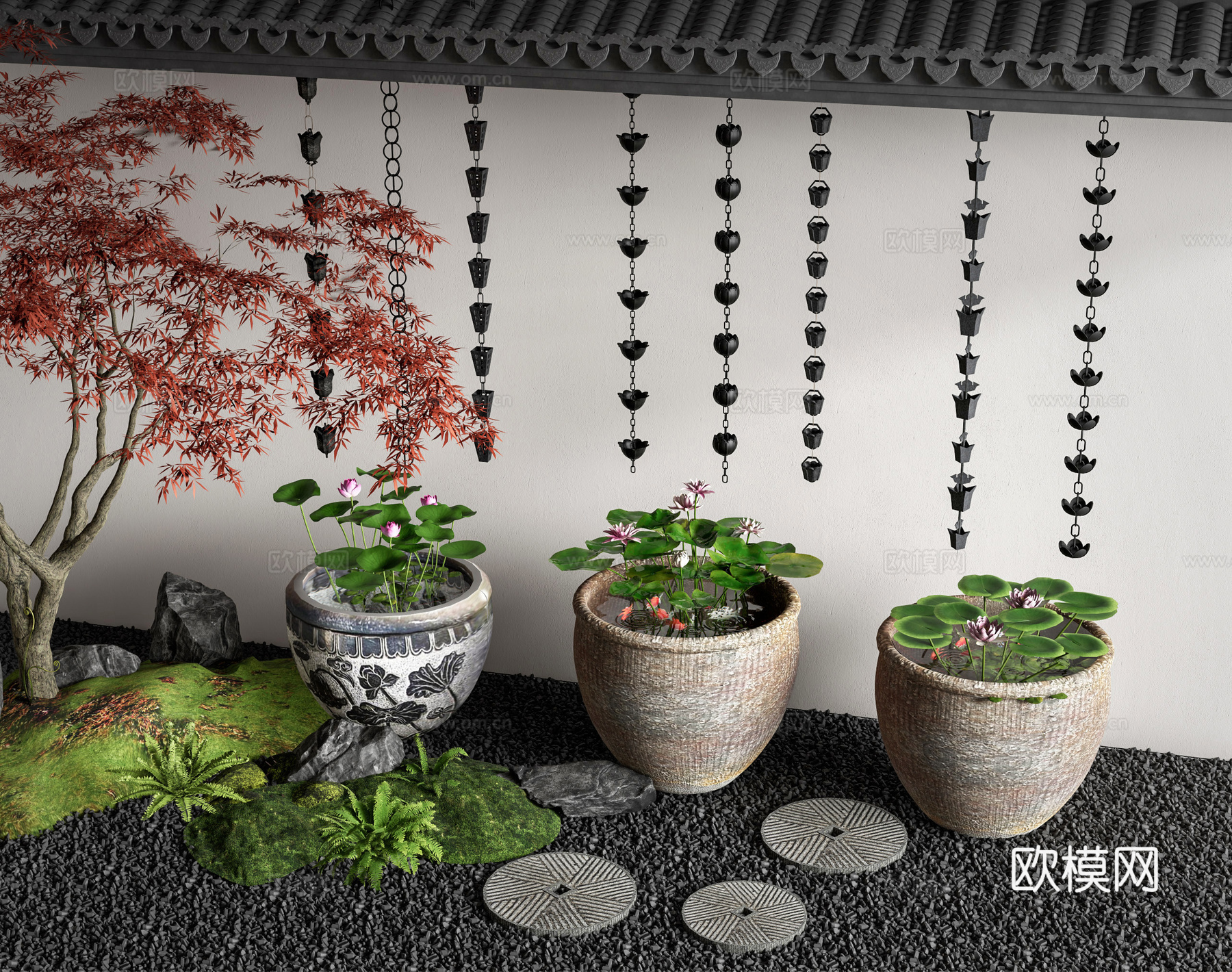 中式古法鱼缸 荷花缸 庭院水景 雨链su模型