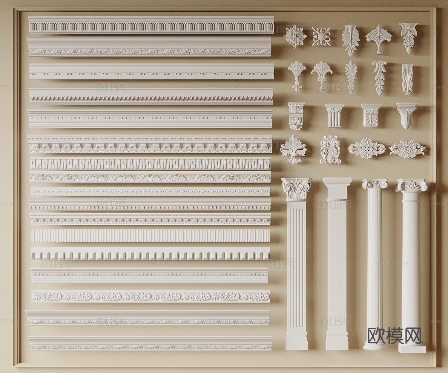 法式石膏线 角线 雕花 灯盘 罗马柱 装饰线条 顶角线3d模型