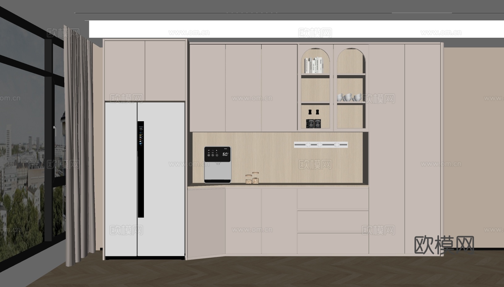 奶油风餐边柜 冰箱柜su模型下载（渲染图1）